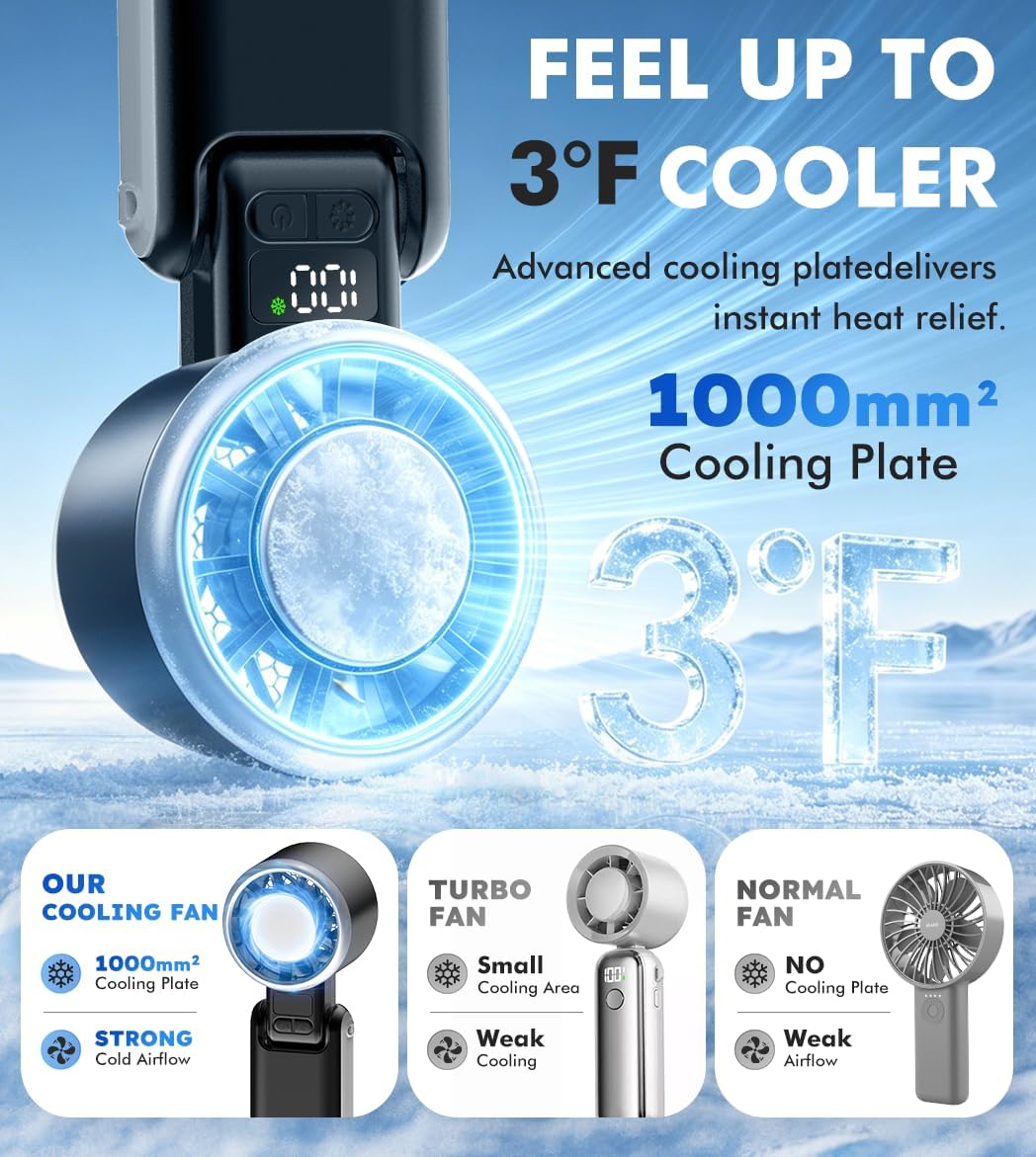 Handheld Fan with Ice Cooler, Portable Turbo Fan 5 Gear Wind Handheld Fan Rechargeable Up to 10 Hrs Pocket Fans with Strong Airflow for Travel/Outdoor/Home/Office, Gifts for Women & Men