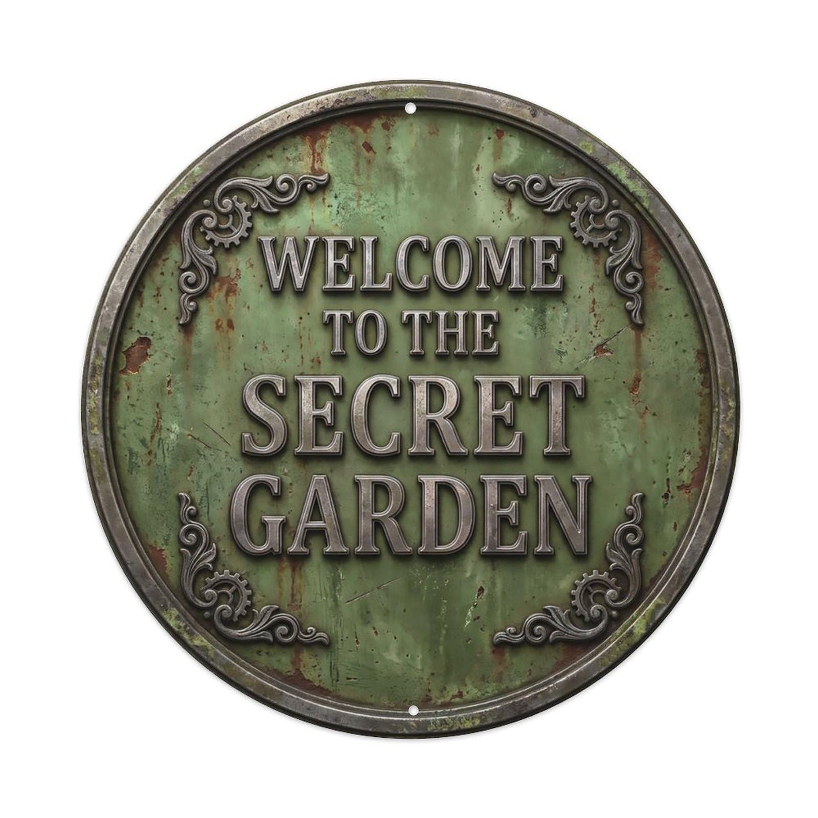 Vintage Welcome Secret Garden Pewter Olive Timeless Metal Tin Sign