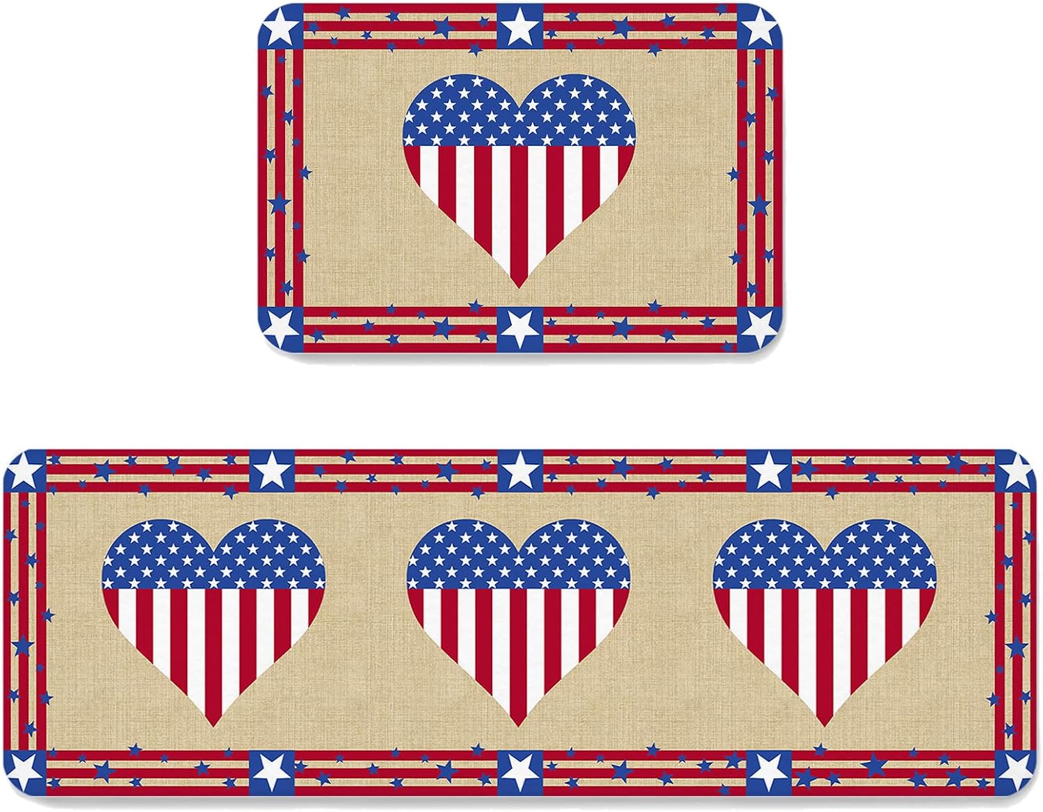 Prime Leader Happy 4th Kitchen Mat Set 2 Pieces of July USA Flag Love Heart Retro Linen Non Slip Kitchen Rugs Washable Runner Rug Mats for Sink Laundry (19.7" x 31.5"+19.7" x 63")