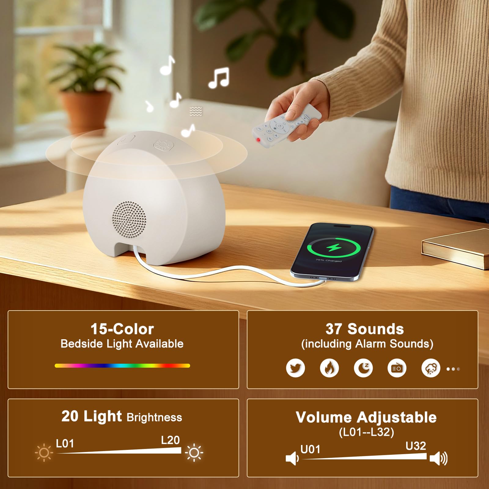 Charmofun Despertador Luz Natural, Despertador Amanecer con 37 Sonidos relajantes, 2 Alarmas y Función Snooze, Sunrise Alarm Clock con Mando a Distancia Ideal para Dormilones y Niños