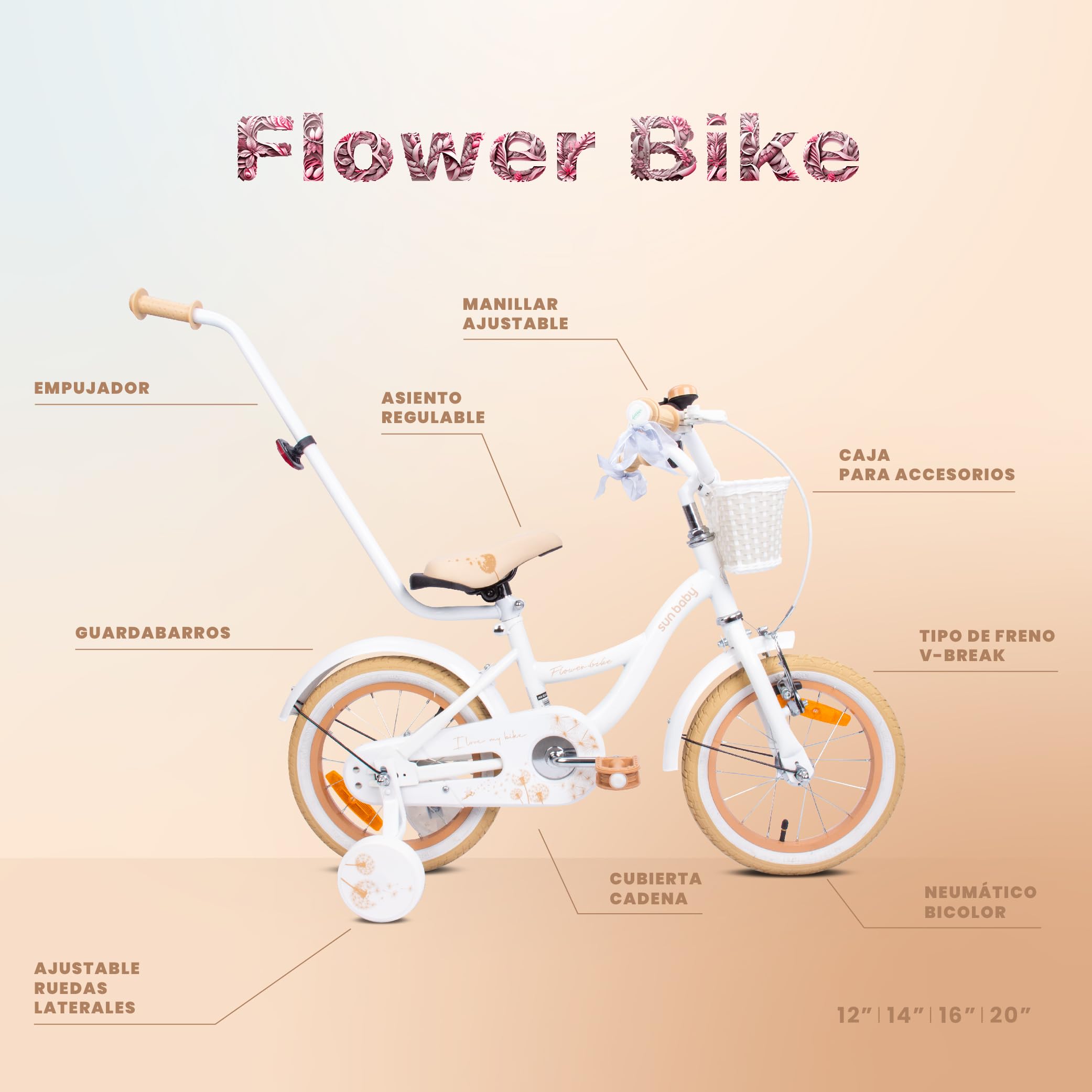 sun baby Flower Bike Bicicleta Infantil para niña 12/14/16 Pulgadas, con ruedines, Barra de Empuje, Cesta, Timbre, Freno contrapedal y V-Brake