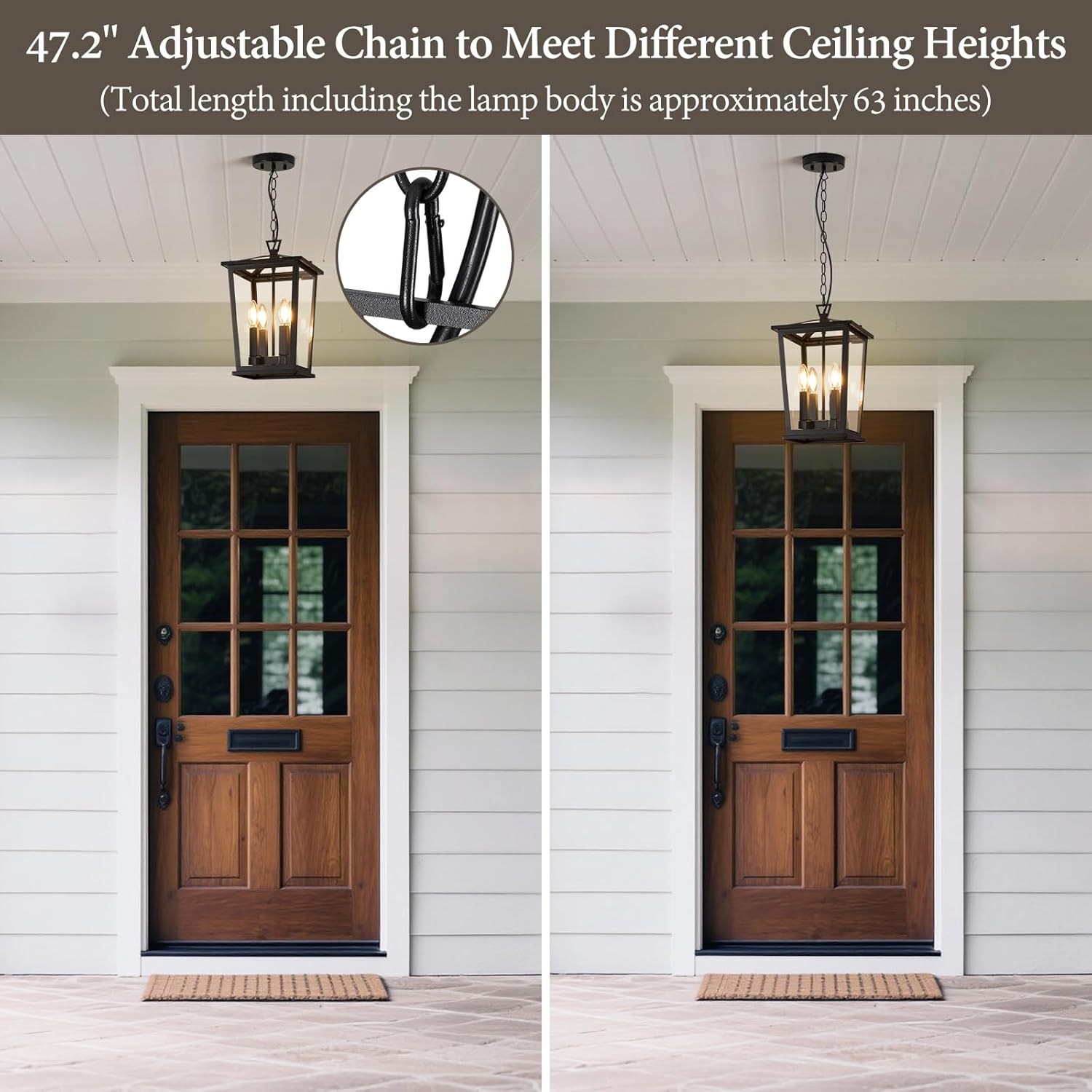 Outdoor Pendant Lights for Porch, 16" 4-Light Large Outdoor Chandelier with Clear Glass, Black Modern Exterior Hanging Porch Light with Long Chain for Gazebo Foyer, OS-OD2601-4HL