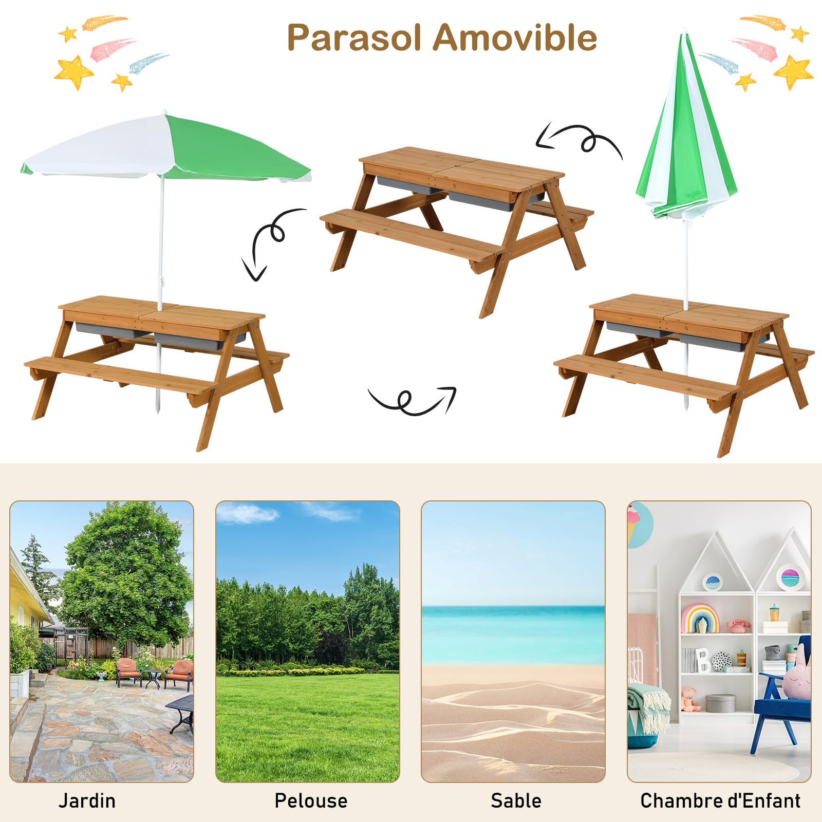 DREAMADE 3 en 1 Table de Pique-Nique Enfants 3-7Ans avec Parasol,Table de Camping et Bancs Pliable&Amovible,Plateau Détachable pour Jardin,Terrasse,Cadeau pour Garçons et Filles (Blanc+Vert)