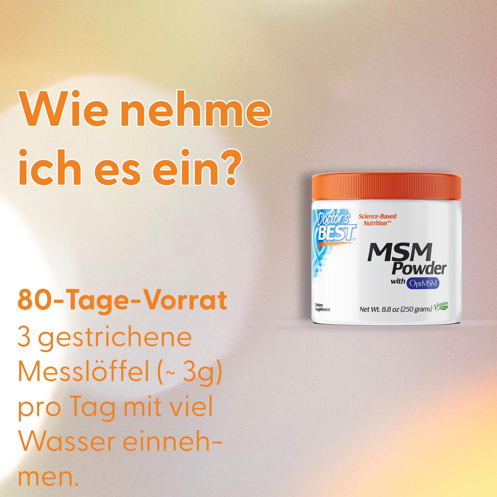 Doctor's Best, MSM Powder mit OptiMSM Pulver, 250 gramm, 3000mg MSM je Dosis, Geschmacksneutral, Vegan, Glutenfrei, Sojafrei, GMO frei