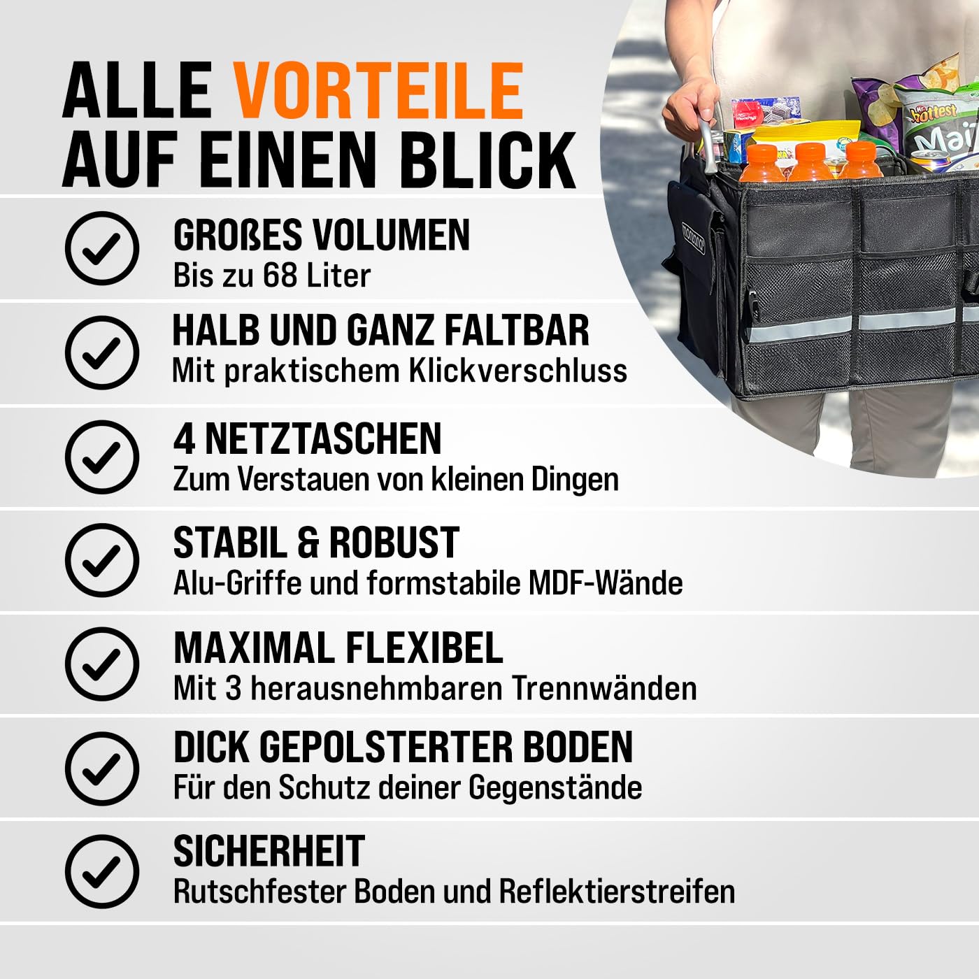 Monzana Kofferraum Organizer Deckel 68L Isolierung Alu-Griffe Trennwände Wasserdicht Faltbar MDF Wände Rutschfest Kofferraumtasche Kühltasche Faltbox