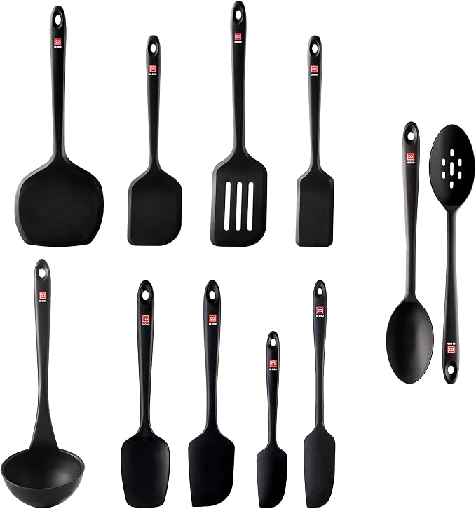 DI ORO 11-Piece Silicone Kitchen Utensil Set - 600°F Heat-Resistant Nonstick Flexible Silicone Turner Spatulas, Spoons, & Ladle - Nonstick Cookware Safe Tools for Baking & Cooking - BPA Free (Black)