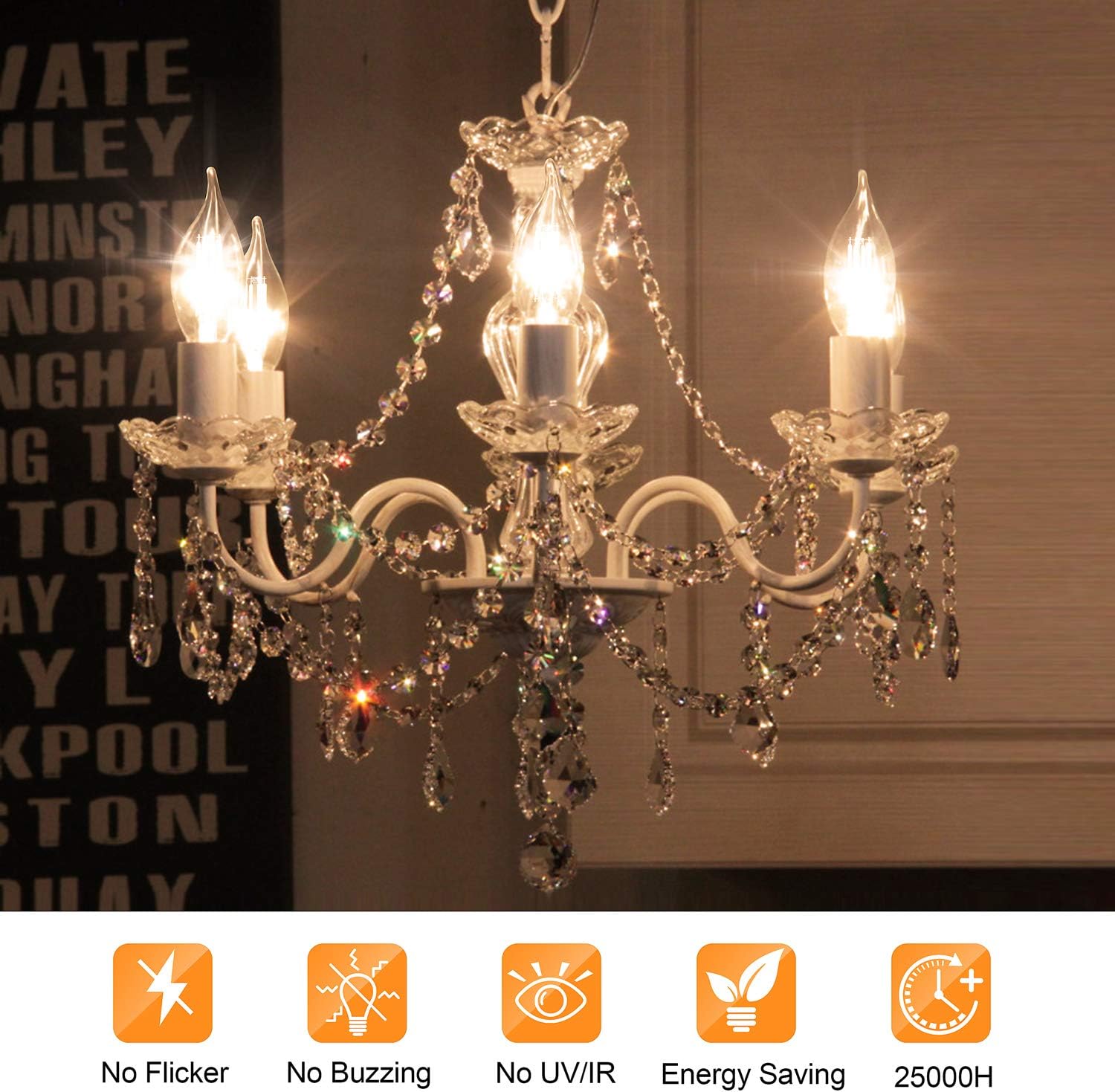 Dimmable E12 Candelabra LED Bulbs 40W Equivalent, 2700K Warm White, 4W Filament LED Chandelier Light Bulbs, CA11 Vintage Edison Clear Candle Bulbs, 25000+ Hours Lifespan, No Flicker, Pack of 12