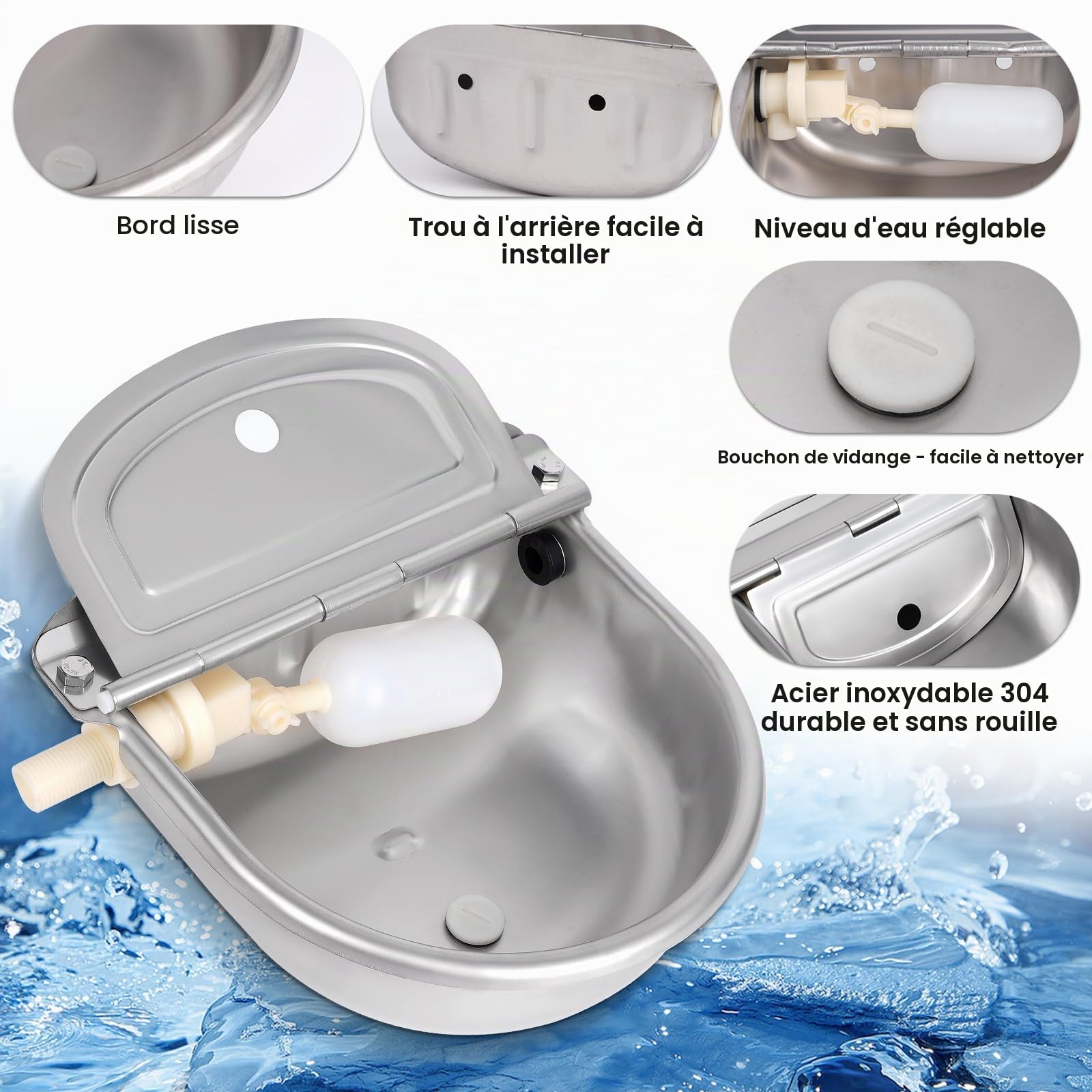 Abreuvoir en Acier Inoxydable avec Bouchon de Vidange, Connecteur, Tuyau Tressé et vis de Montage, Abreuvoir Automatique avec Valve à Flotteur pour Cheval Chien Bétail Chèvre Mouton Cochon