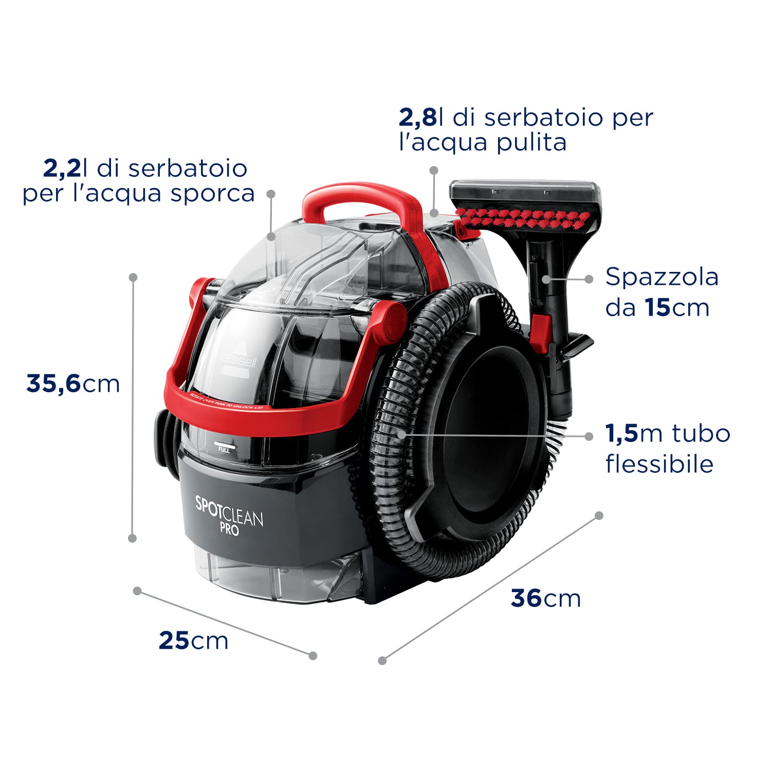 BISSELL SpotClean Pro - Pulitore Portatile per Tappezzeria - Rimuove Cadute e Macchie - Pulisce Tappeti, Scale, Tappezzerie, Sedili Auto e Altro- 750W - 82dB - 1558N