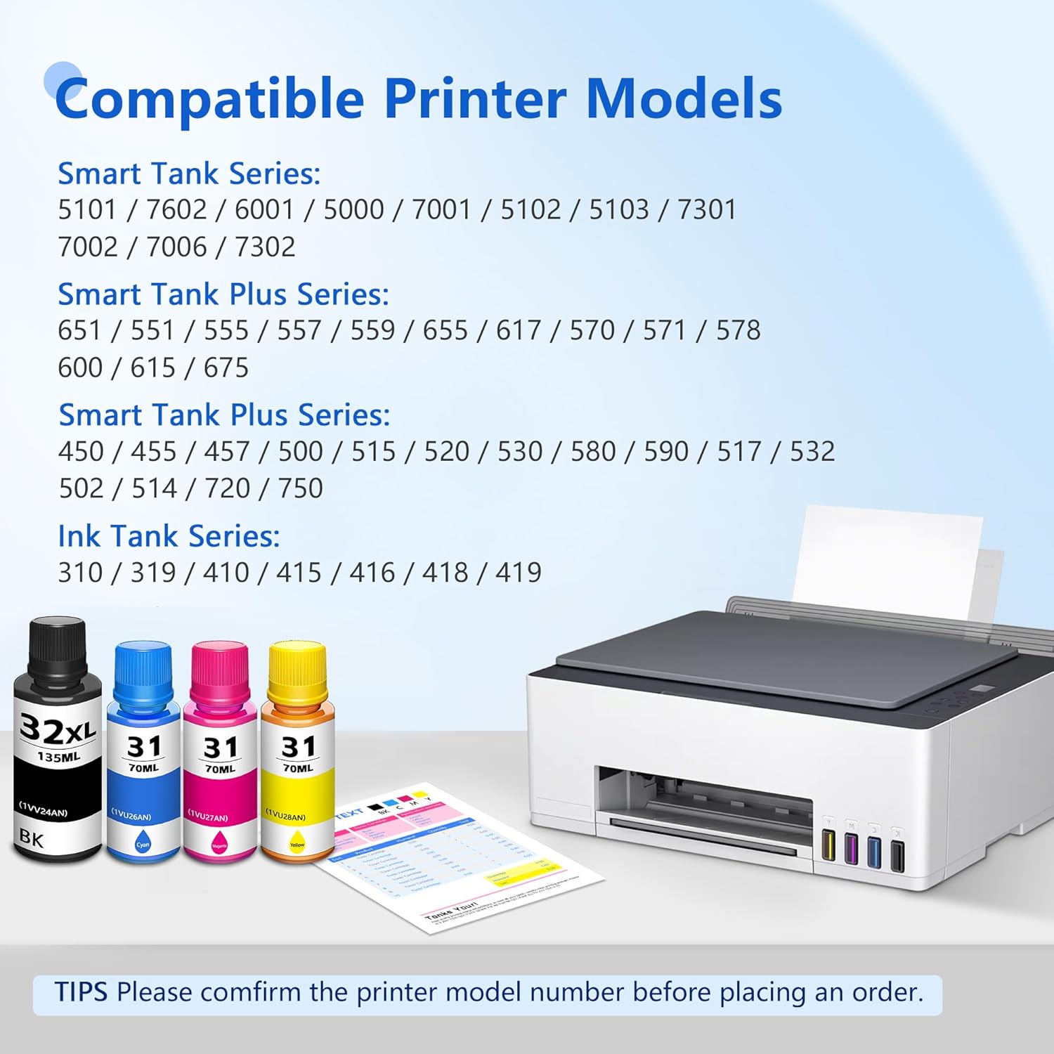 31 32XL Ink Bottle Set Refill 4 Pack Replacement for HP 31 Ink Bottle Set & 32XL Black Ink Bottle for Smart Tank 5000 7602 6001 5101 5103 7301 5102 Plus 651 551 Ink Refill (Black, CMY)