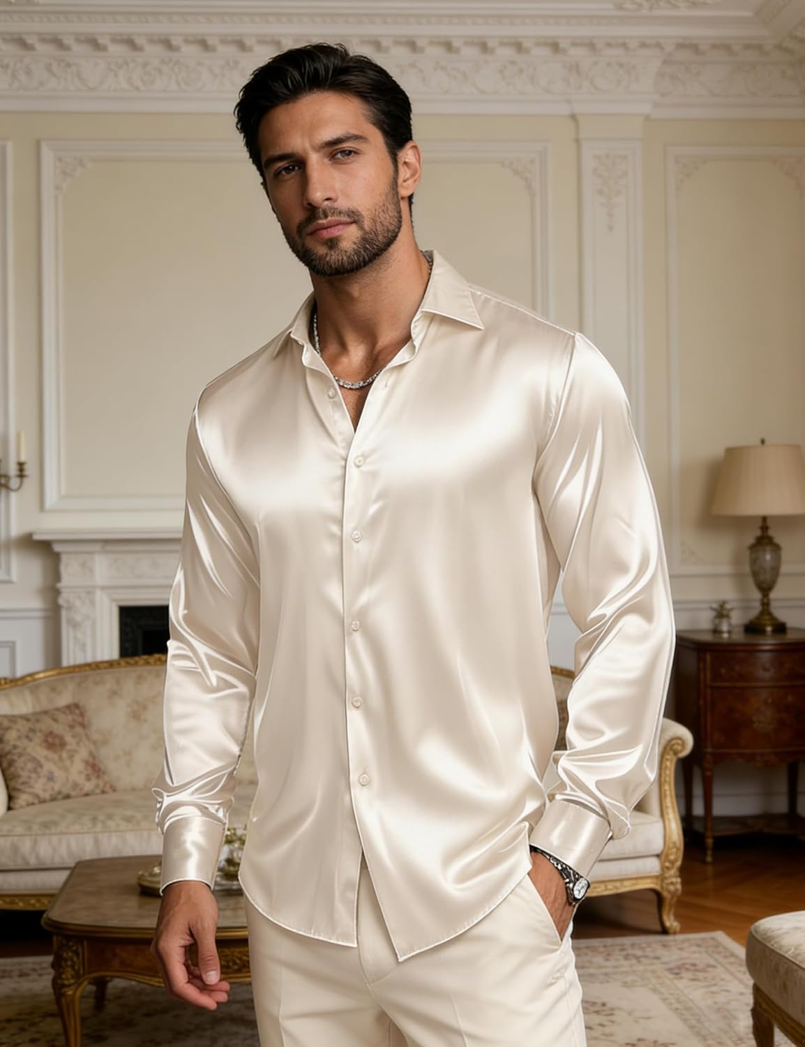 Barry.Wang Shiny Mens Satin Shirt Long Sleeve Silk Like Casual Dress Button Down Shirts Solid Silky Party Disco Show