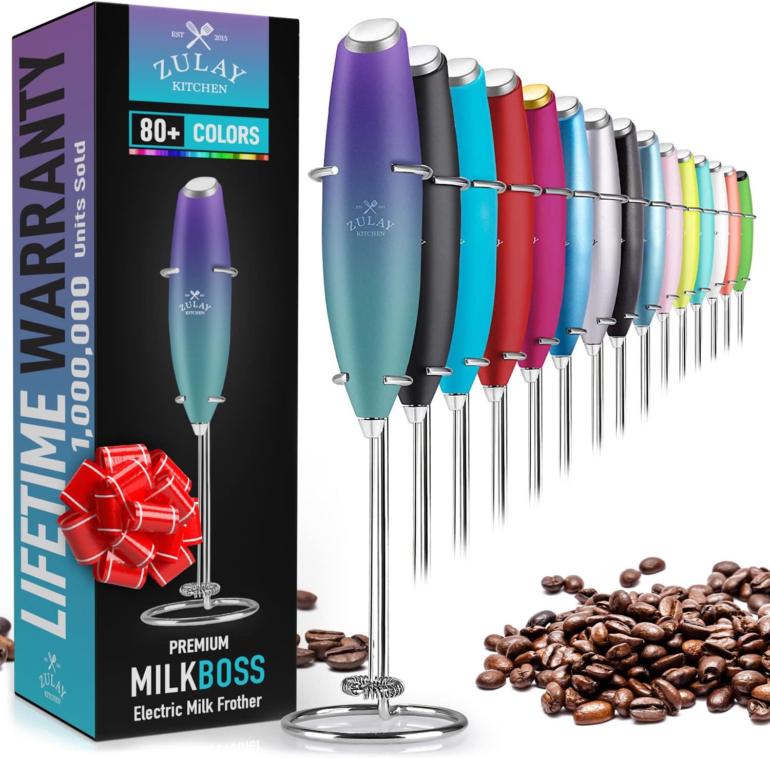 Zulay Kitchen Powerful Milk Frother Wand - Ultra Fast Handheld Drink Mixer - Electric Whisk Foam Maker for Coffee, Lattes, Cappuccino, Frappe, Matcha & Coffee Creamer - Milk Boss Aurora Lights