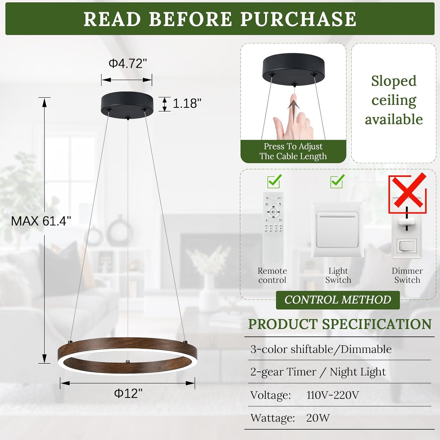 12in LED Ring Chandelier Wood Grain Modern Dimmable Pendant Light Height Adjustable Circular Hanging Ceiling Fixture for Kitchen Island Dining Table Entryway Sink