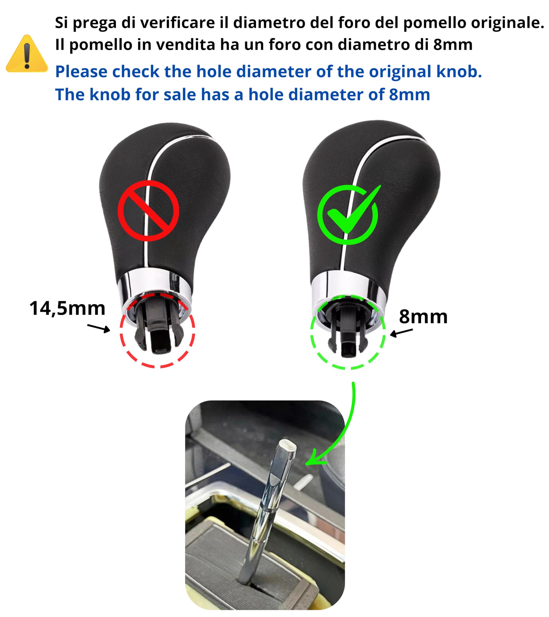 1neiSmartech Pomello Leva Cambio Manuale 6 Marce Compatibile con Mercedes Classe A B C E CLK Pre-Facelift 2000–2012, con Foro 8mm, Inserti Argento, Retromarcia a Sinistra