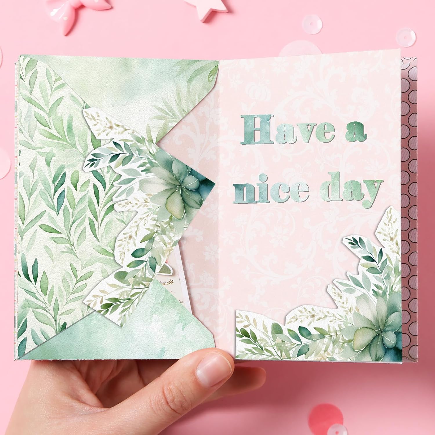 24 Sheets Sage Green Boho Scrapbook Paper, Greenery Watercolor Boho Plant Patterns Decorative Craft Paper Folded Flat for Baby Shower Card Making Spring Birthday Photo Album Decor, 12'' x 12''