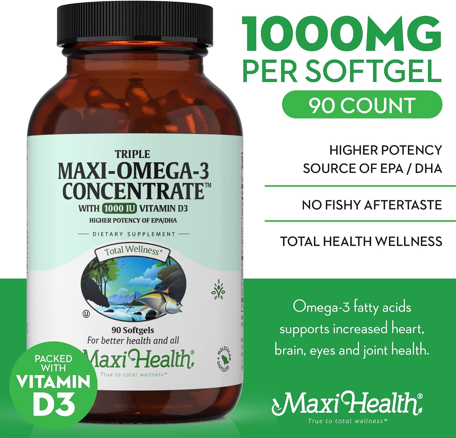 Maxi Health Omega 3 Supplement with Vitamin D3 1000 IU - Omega-3 Fish Oil Concentrate from Wild Caught Tuna – Kosher – Heart & Joint Health - High Potency Source of EPA / DHA Fatty Acids - 90 Vegetarian Softgels