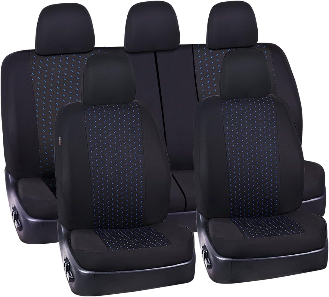 CAR PASS 11PCS Supreme Universal Jacquard Car Seat Covers Set -Universal fit for Vehicles,Cars,SUV,Airbag Compatible(Black and Blue)