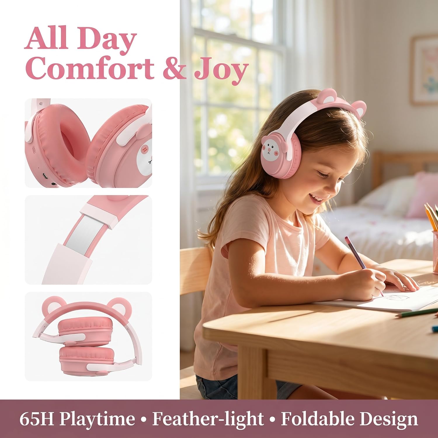 [65H Playtime] Cute Animal Ear Kids Bluetooth Headphones for Girls Women, Wireless Headphones with Microphone, Foldable Over-Ear Headset for School Travel, Pink