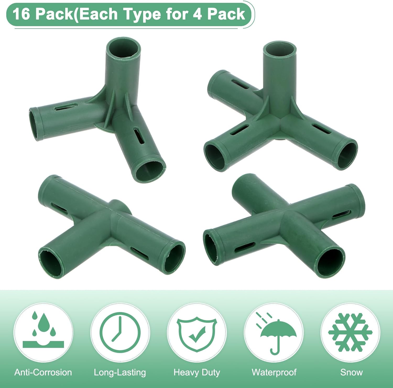 M METERXITY 16 Pcs 19mm Greenhouse Frame Building Connectors, 4 Types Pipe Fitting for Grape Trellis/Sunscreen Shed/Gardening Plant Stakes, Greenhouse Accessories [Green]