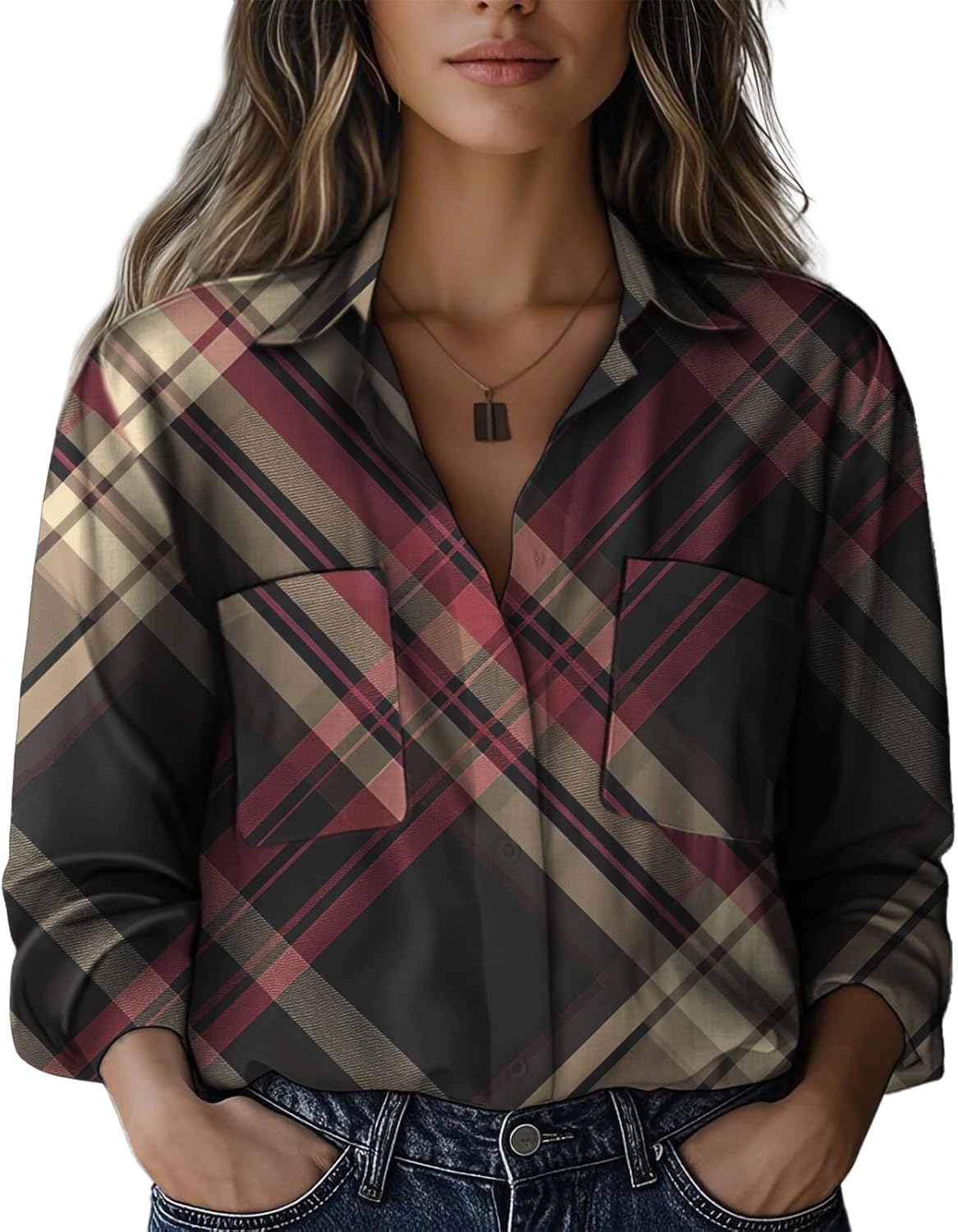 domirica Spring Shirts for Women 2025 Trendy Button Up Rolled Three-Quarter Sleeves V Neck Blouses Soft and Comfy Tops