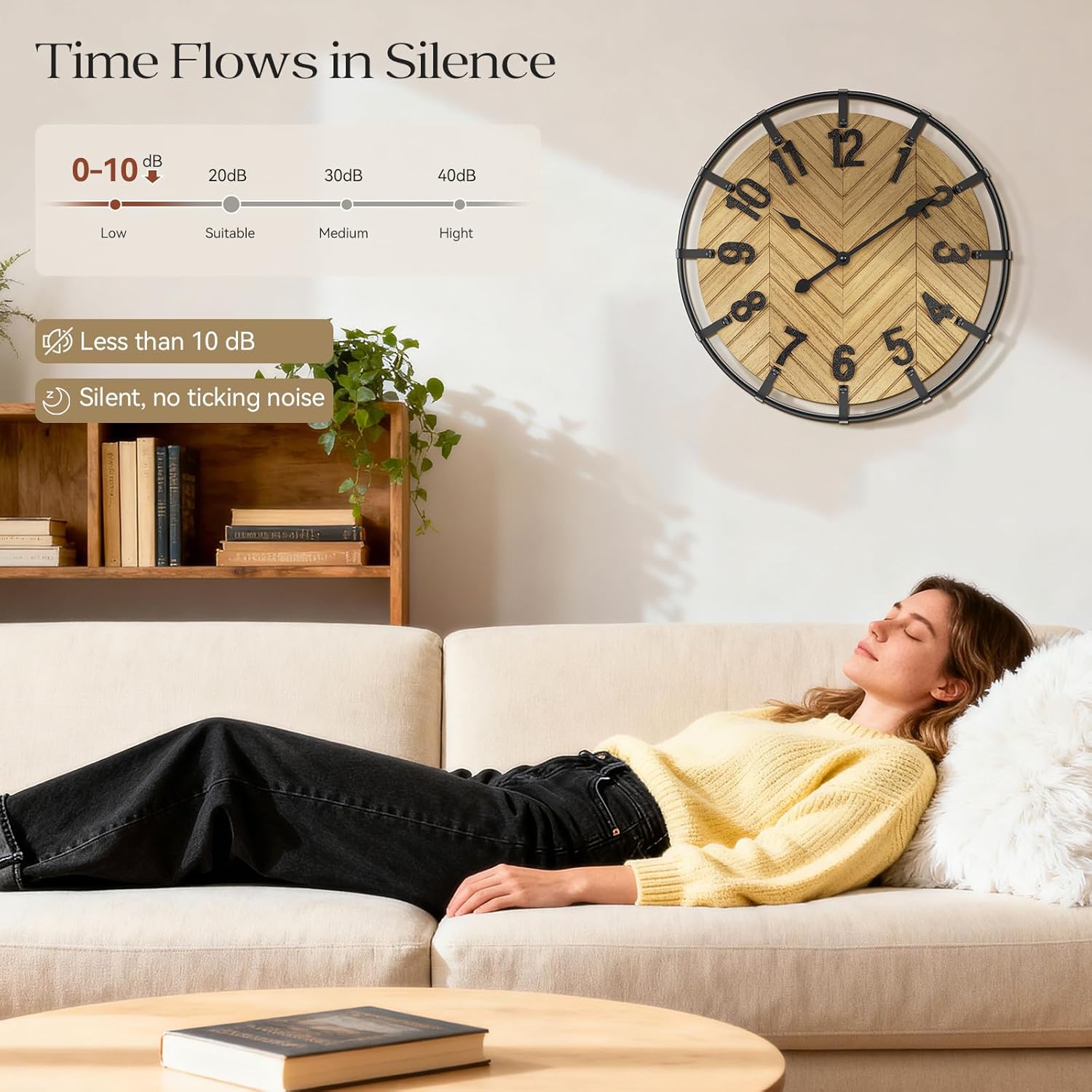 Large Wall Clock, 24" Wood Big Wall Clocks for Living Room Decorative, Farmhouse Wall Clock Battery Operated with 3D Arabic Numerals, Completely Silent for Bedroom, Kitchen Decorative