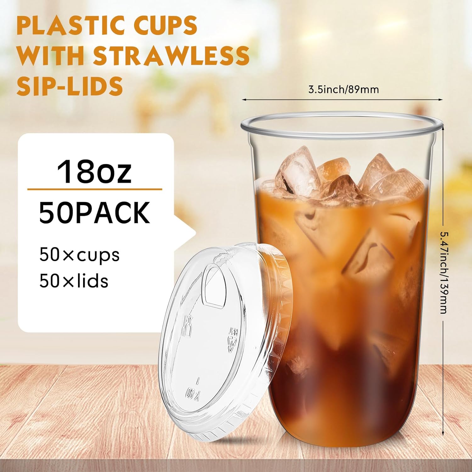 Baderke 50 Pcs Plastic Cups with Sip Lids Round Bottom Disposable Plastic Coffee Cups with Lids Clear Strawless Crystal Mugs for Iced Coffee Smoothie Cold Beverage Party Catering Supplies (18 oz) - Image 3