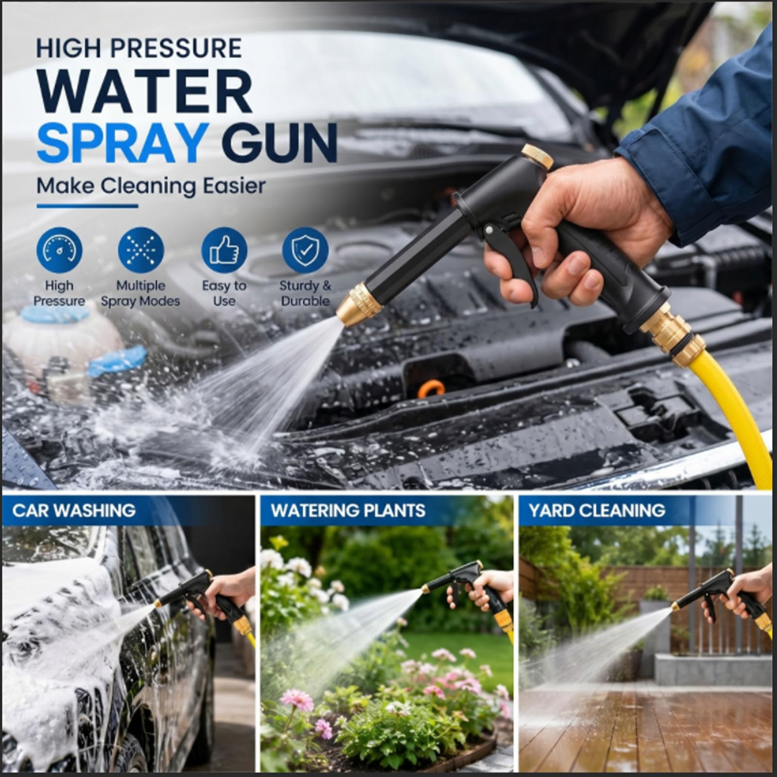 High Pressure Water Hose Nozzle, Adjustable Twist Hose Nozzle for Garden Hose, Car Wash Water Gun with Booster Nozzle, 3 Spray Patterns for Patio Plant Pet
