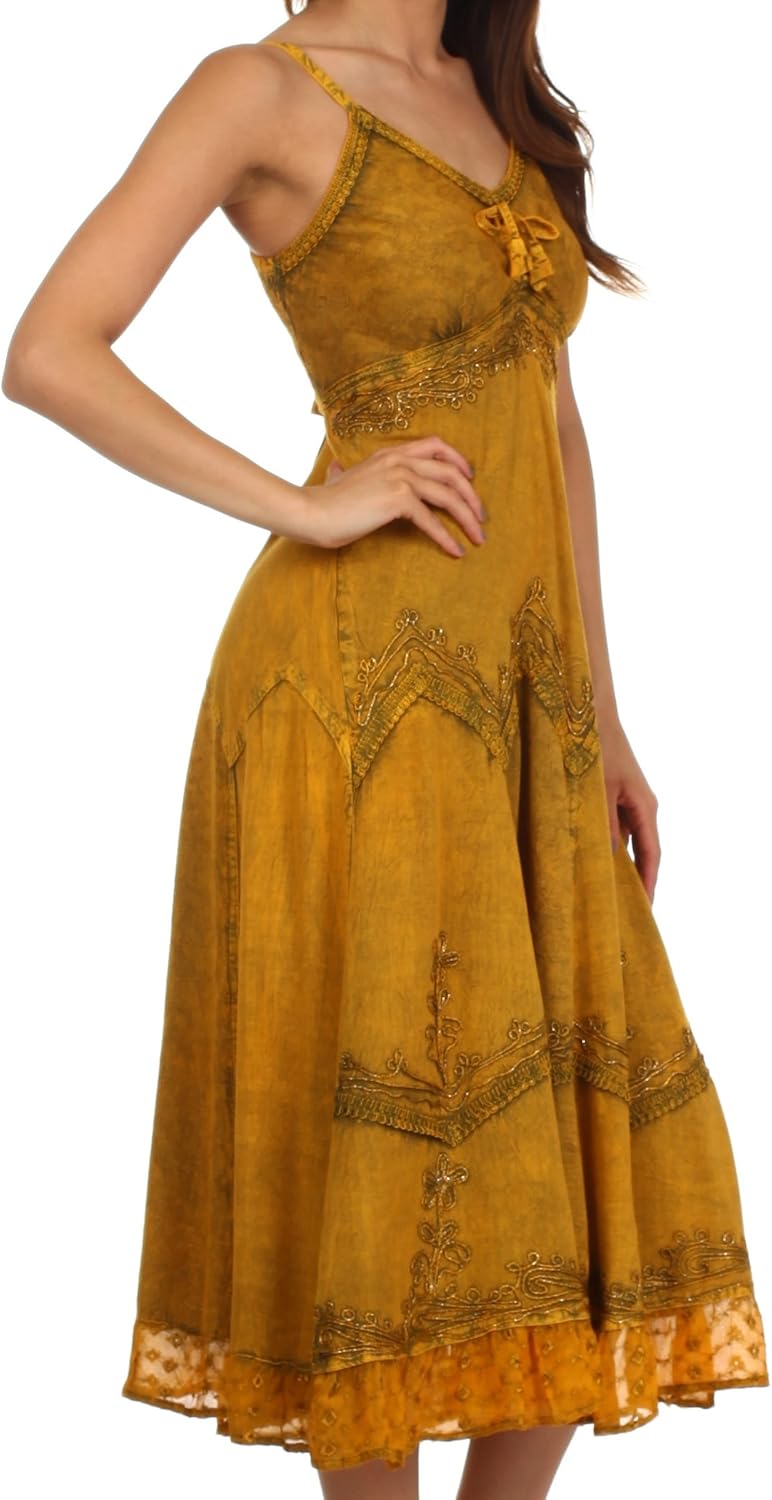 Sakkas Stonewashed Rayon Embroidered Adjustable Spaghetti Straps Long Dress