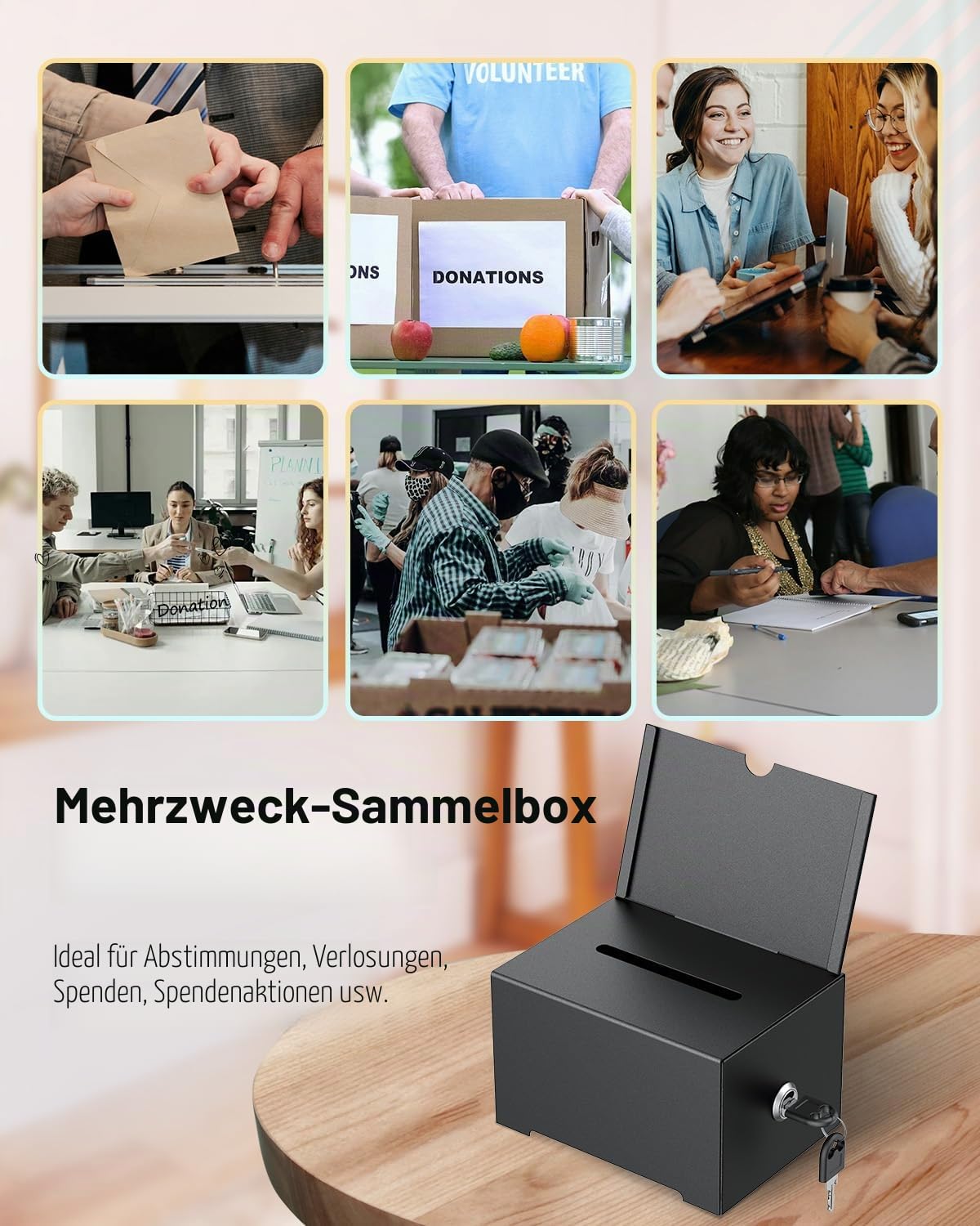 Uniclife Metall-Spendenbox für Spendenaktionen, Aufbewahrungsbehälter für Spendenaktionen, schwarze Wahlurne mit Schildhalter, Vorschlagsbox mit Einwurfschlitz und Schloss, 16,3 cm x 11,9 cm x 10,2 cm