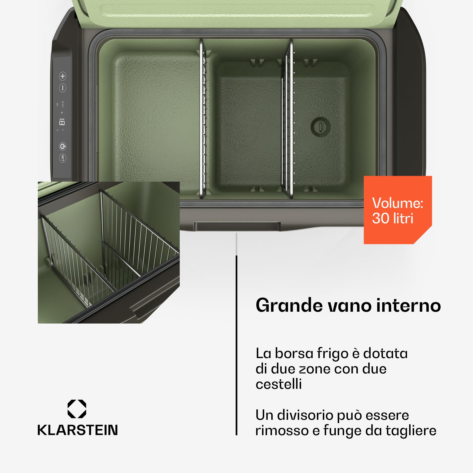 Klarstein PolarForce 30L - Frigo Elettrico Portatile con Compressore, Pannello LCD, da -20°C a 20°C, Modalità ECO, Ruote Fuoristrada, Impugnature Doppie, Verde, per Campeggio & Viaggi, Freezer