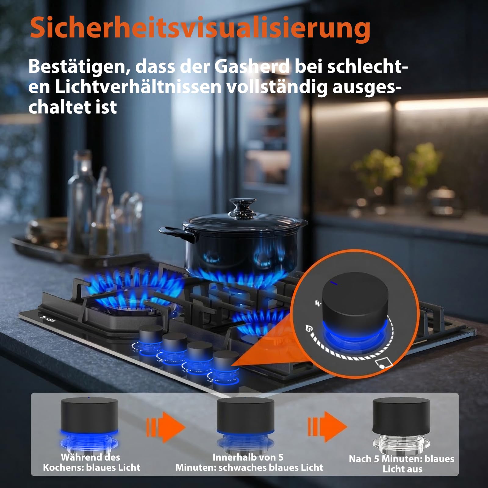 Topwish Gaskochfeld 4 flammig, Gaskochfeld mit blaue beleuchteter drehknopf | Gaskochfeld einbau 60cm, Gasfeld 4 flammig, NG/LPG konvertierbar, flammabriss Schutz, Zündautomatik, 8000 Watt