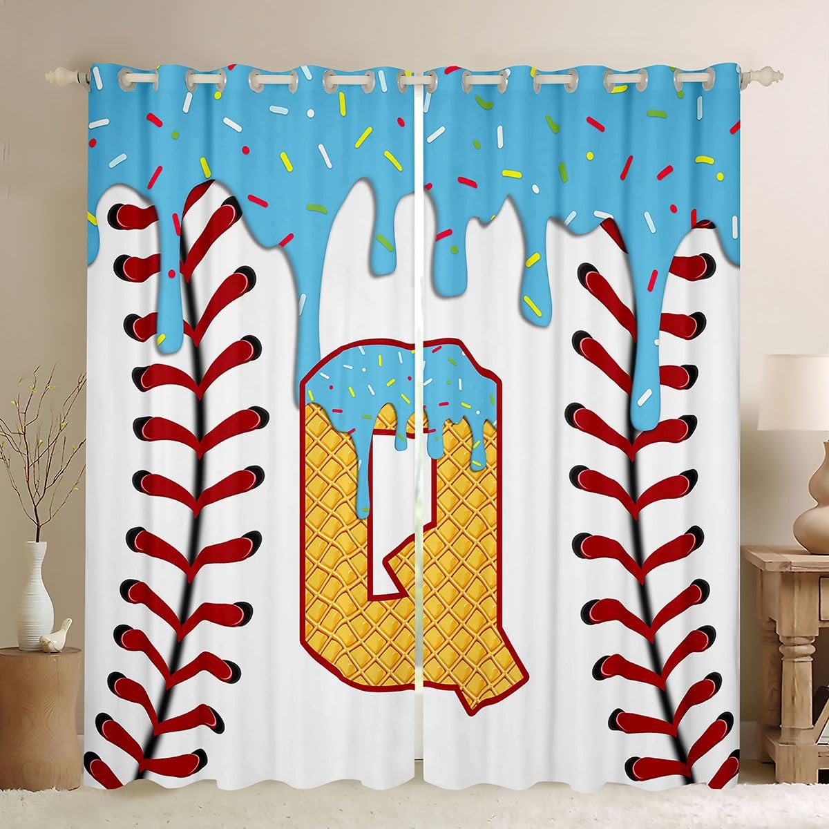 Rideaux voilage initiales Q bleu dessin animé et rideau occultant baseball