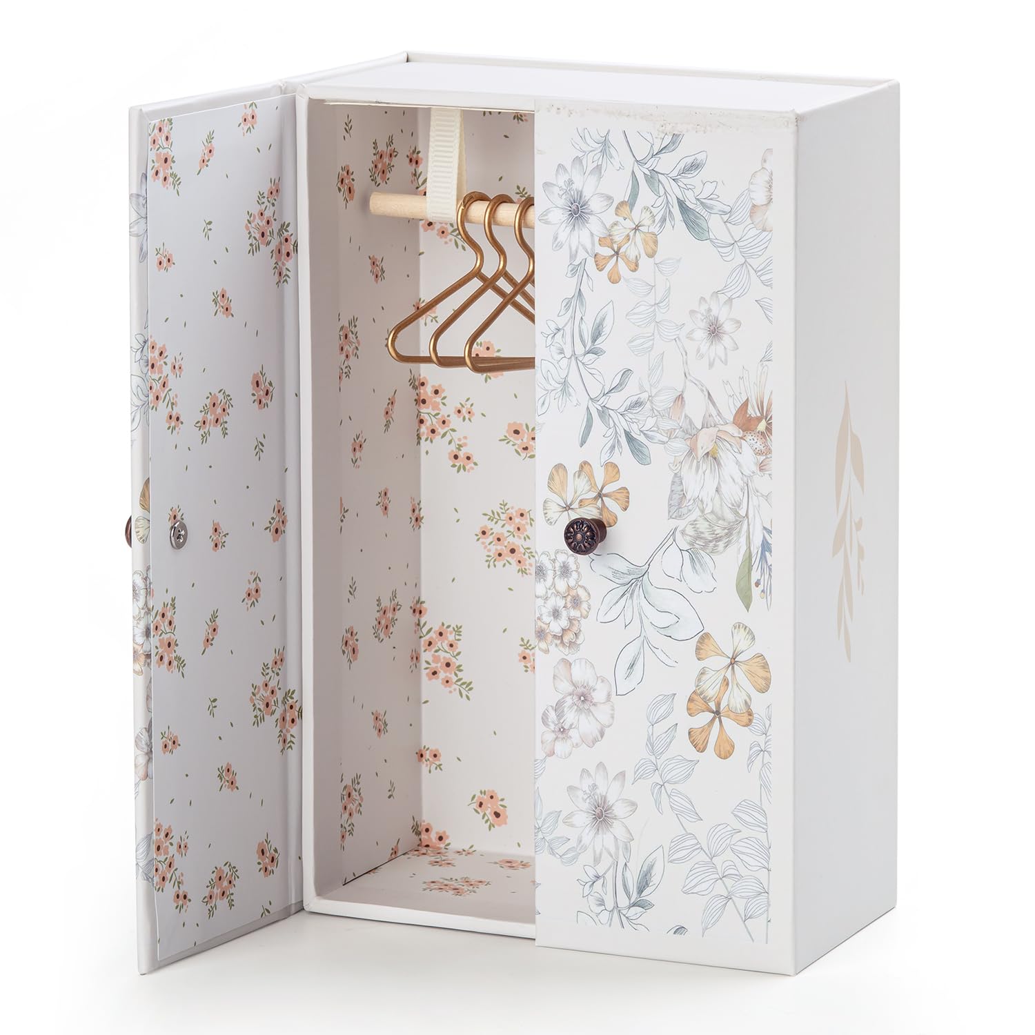 Minamzee 1/12 Dollhouse Wardrobe Closet, Miniature Wooden White Flower Pattern Wardrobe with 3Pcs Clothes Hangers - Image 2