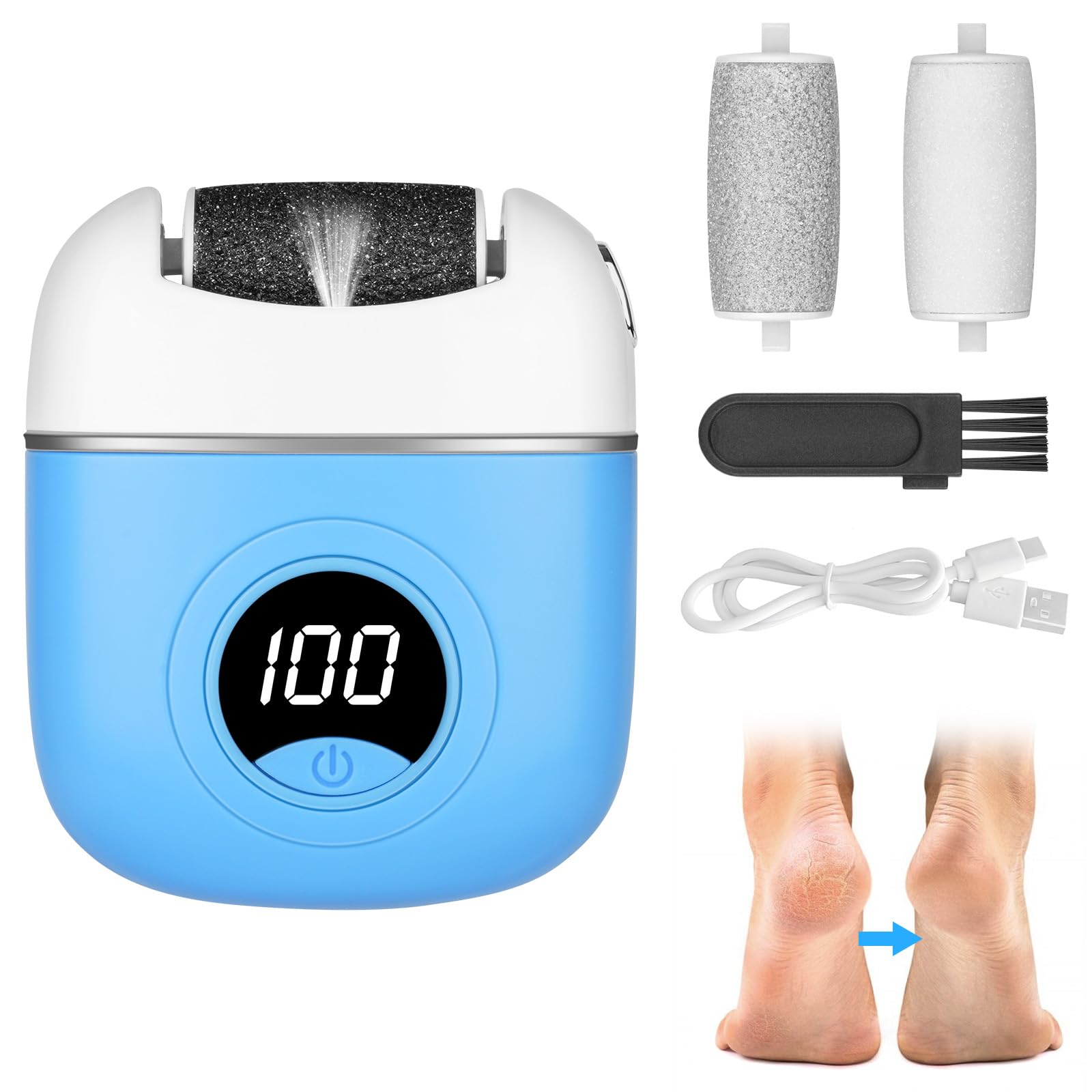 OSDUE Lima Electrica Pies Durezas, 2 en 1 Molinillo Pies Quita Durezas y Elimina Callos Profesional Foot File con 3 Rodillos Recambio Distintos Gramajes Pantalla Digital para Pies Suaves, Azul