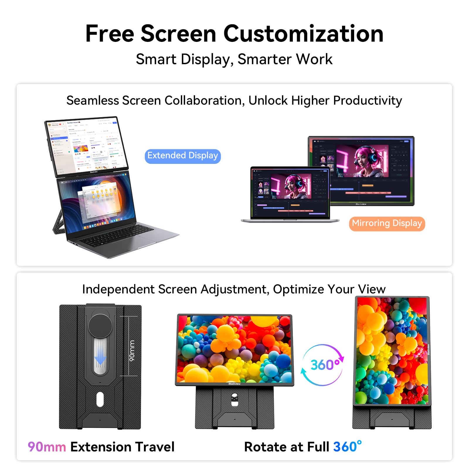 Blackview 16" [1080P+120P] Portable Monitor, [360° Durable Lightweight Rotating Magnetic] Portable Monitor for Laptop, True Plug and Play for Business Trip Journey, for MAC Windows Android Chrome OS - 5