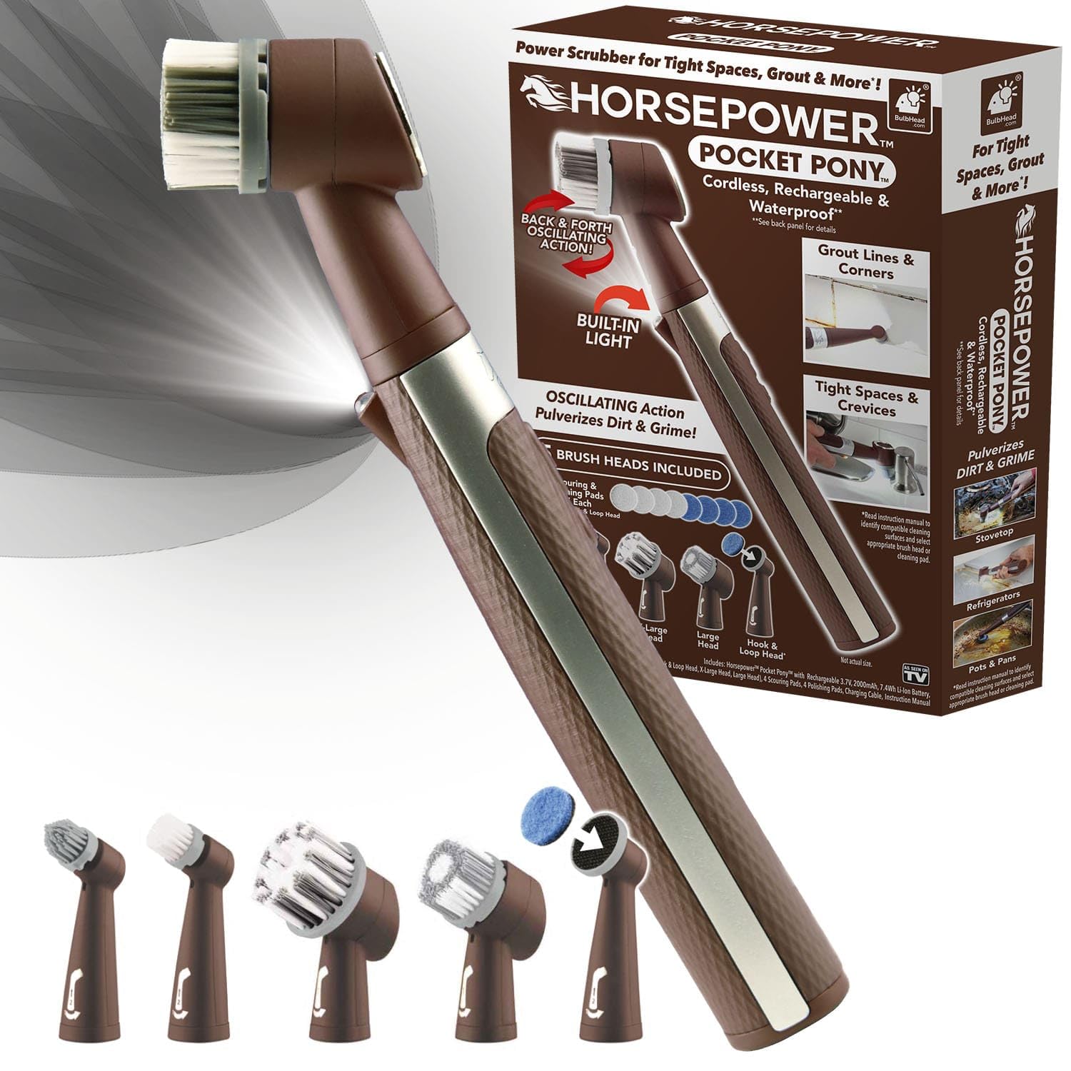Horsepower Pocket Pony, AS-SEEN-ON-TV, Waterproof, Cordless, Pocket-Sized, Oscillating Power Scrubber, Deep Clean, Tight Spaces, Rechargeable, Grout Lines, Corners & Detailing, 5 Brush Heads & LED