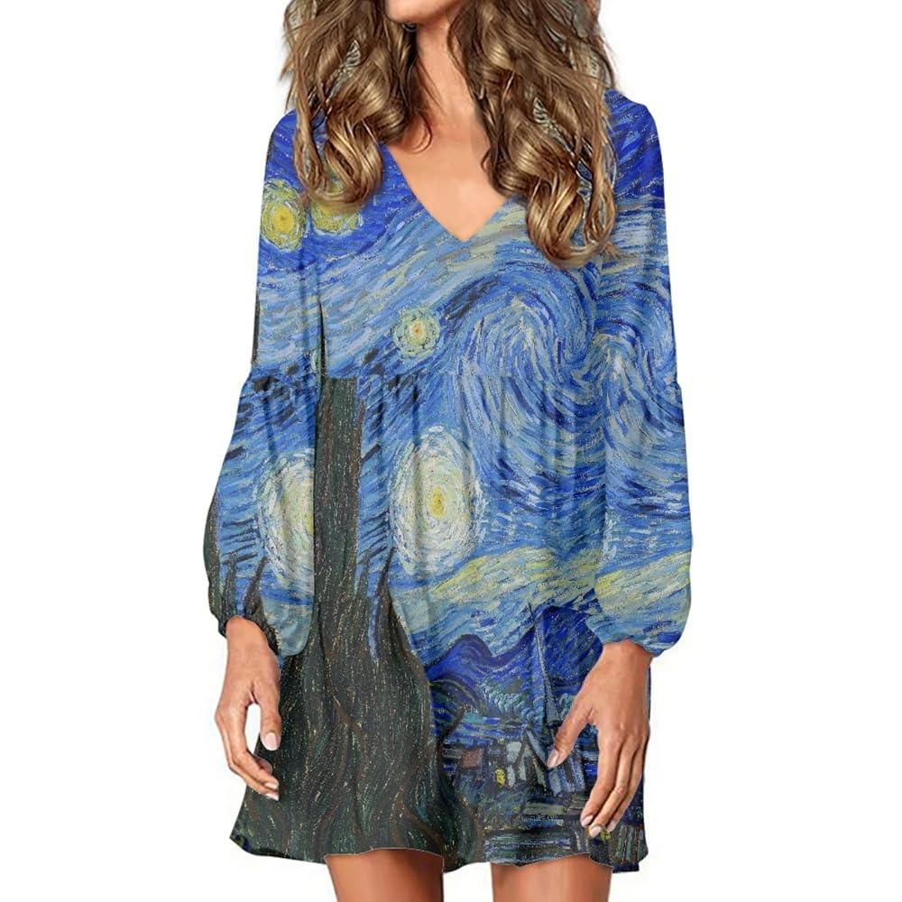 Bengbobar 2023 Van Gogh Dress Women Starry Night Summer Spring Tunic Mini  Long Lantern Sleeve Casual Loose Flowy Shift Dress,The Starry Night,S at  Amazon Women's Clothing store