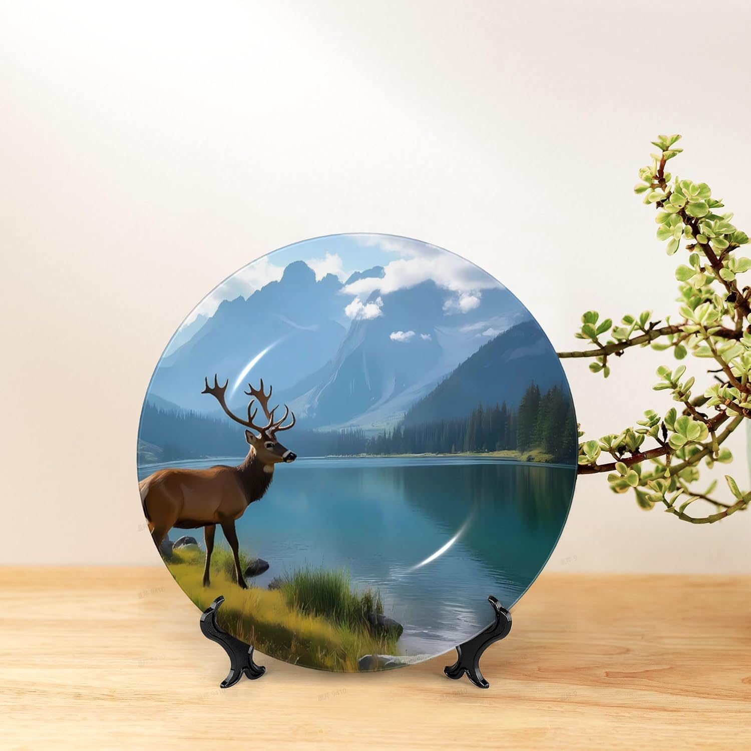 Decorative Plate Ceramic Plate for Wall Hanging 10in Accent Plate for Office Living Room Hallway Table Decor - Majestic Deer Mountain Lake