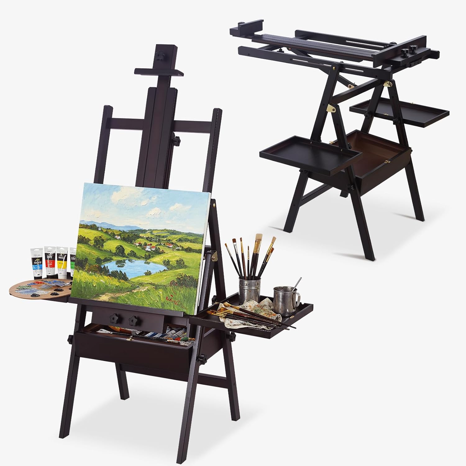 H-Frame Easel for Painting, Beech Wood Large Painting Easel with Storage Drawer and Palette for Adults, Foldable Art Easels Stand with Artist Kits, Hold Canvas up to 48", Walnut