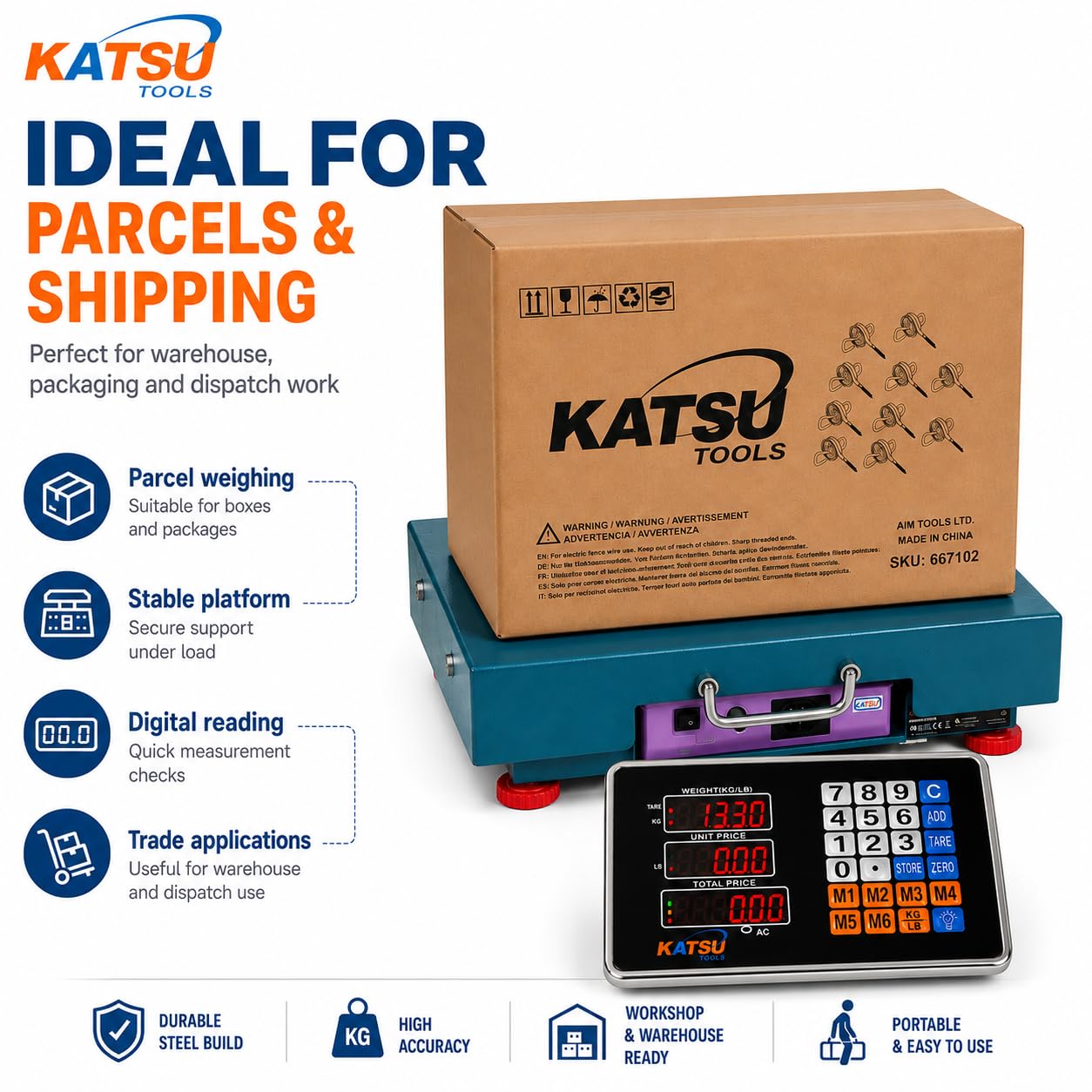 KATSU Balanza Industrial de Plataforma 100kg /10g Electrónica Recargable Báscula Postal Digital con LED Pantalla y 32x42cm Plataforma de Acero a Prueba de Herrumbre para Envío de Paquetes Almacén