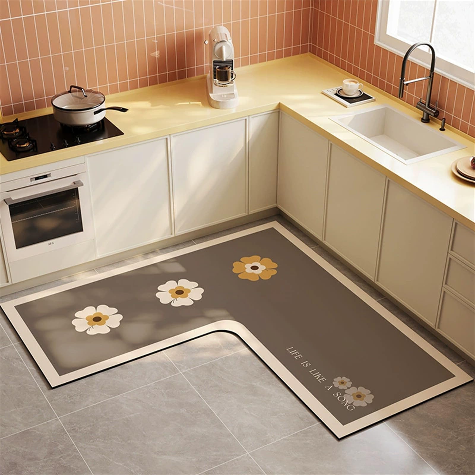 Hixingo Teppich L Form Küche, Blume Muster Teppich Läufer Küche rutschfest Absorbierender Schnelltrocknend Kieselgur Küchenteppich Modern Küchenläufer Küchenmatte (Blume,120x120x45cm)