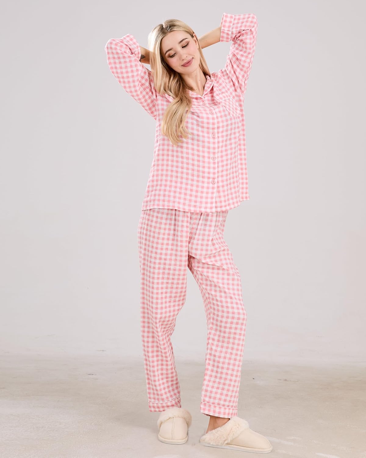 Womens Cotton Pajama Sets Long Sleeve Button Down Shirt and Pants Sleepwear 2 Piece Gingham Pj Set - Image 6