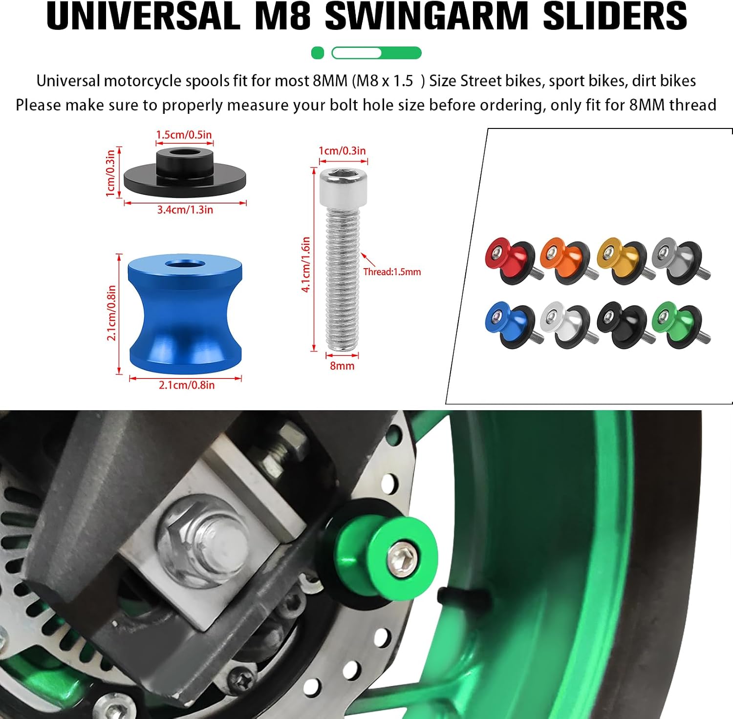 CHIFUN 2Pcs 8MM M8 Motorcycle Swing Arm Spools Sliders CNC Aluminum Swingarm Spools Stand Screw Compatible with Ninja 650 500 400 Z650 ZX10R ZX6R CBR600RR CBR900RR CBR1000RR(Black)