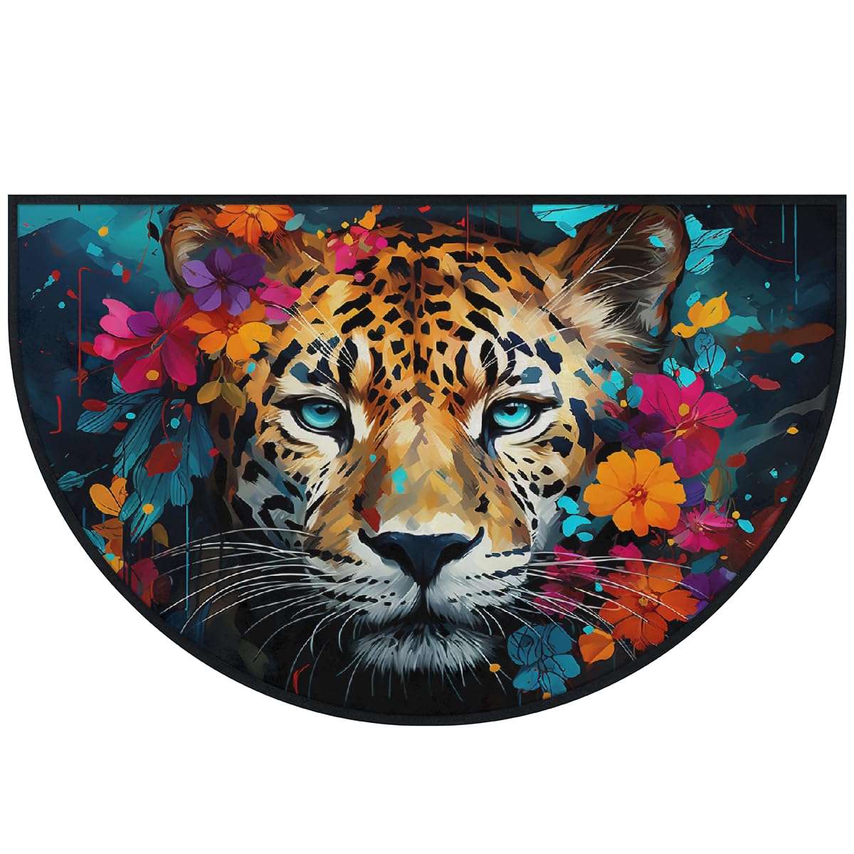 Mexpekil Paillasson demi-rond antidérapant lavable en demi-lune avec visage de léopard pour intérieur et extérieur - Attrape la saleté - 100 x 160 cm