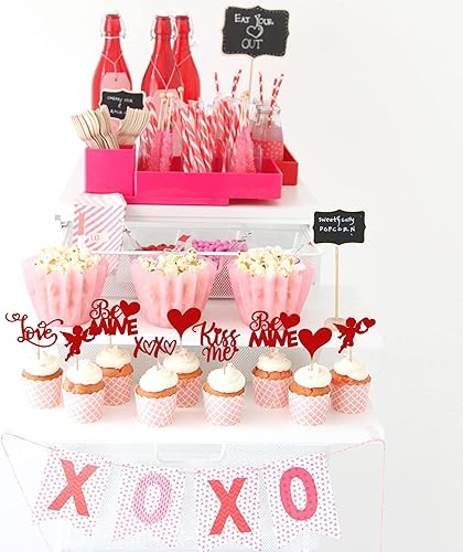 Miniatura 5 de Rsstarxi Paquete de 36 adornos para magdalenas con purpurina para el día de San Valentín con corazón besame y sé mío para el día de San Valentín