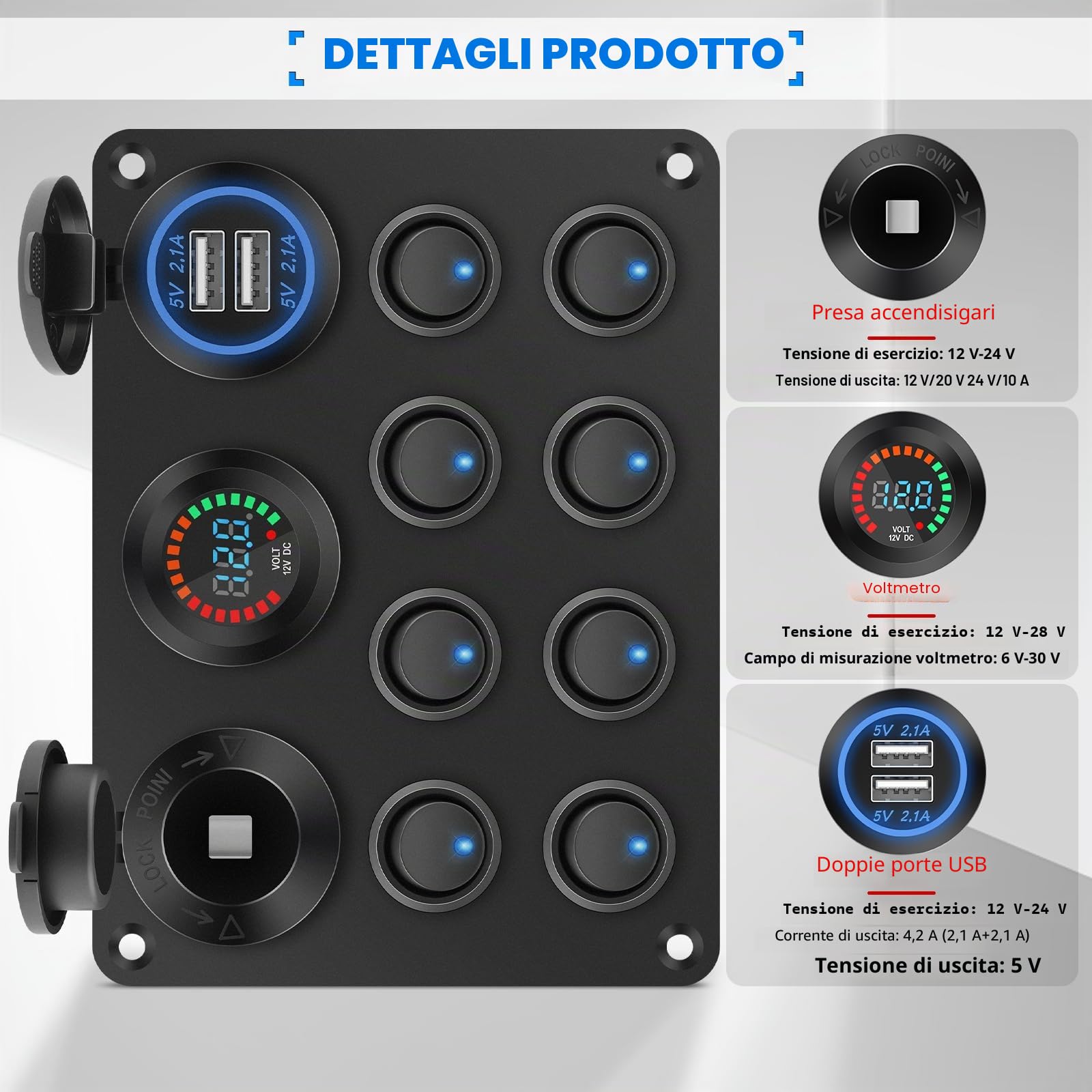 Geloo Pannello Interruttori a Bilanciere 12V/24V Impermeabile Levetta 8 Interruttore con Voltmetro Digitale Accendisigari Doppio Caricatore USB da 4,2 A per Barca, Auto, RV, Camper