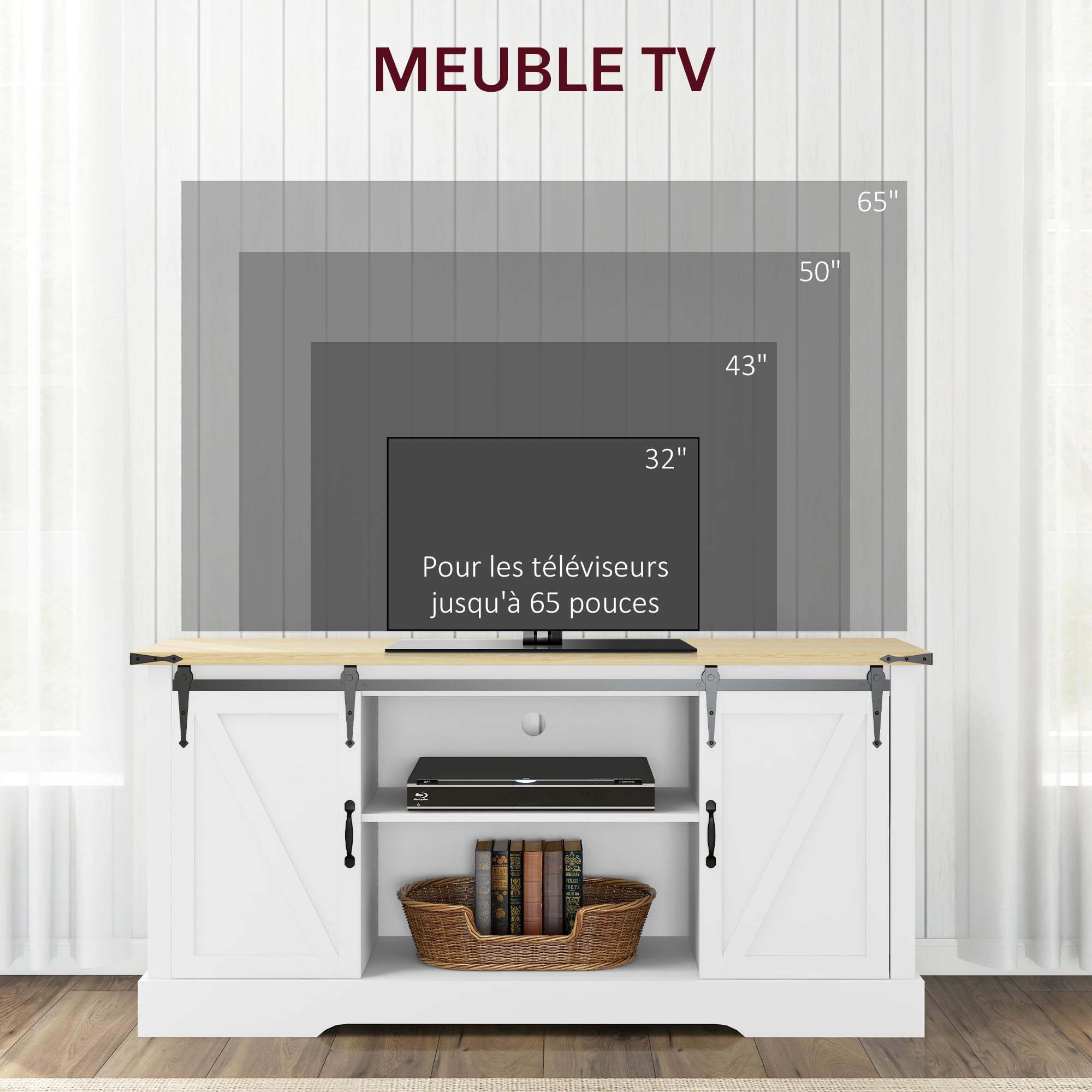 HOMCOM Credenza, mobile contenitore, con 2 ante scorrevoli, ripiani regolabili, per soggiorno, sala da pranzo, corridoio, 150L x 40D x 72H cm, legno, rovere bianco