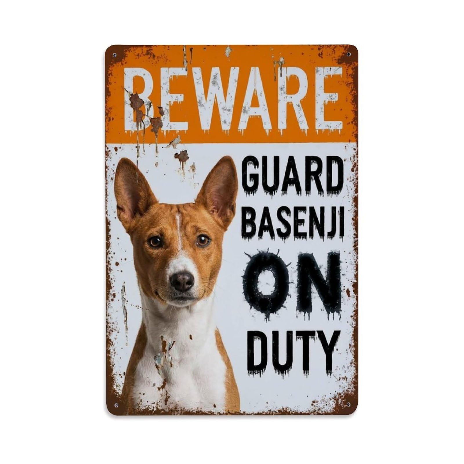 Vintage Funny Basenji Guard Beware of Dog Fence Metal Tin Sign Plaque Wall Decor for Cafe, Club Bar, Office, Garden Metal Poster 8x12Inch