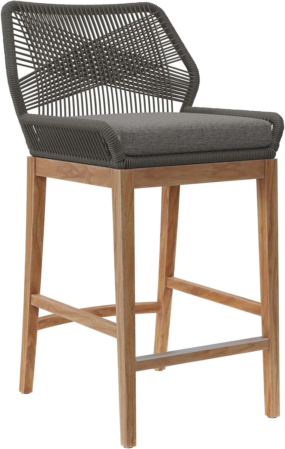 Modway Wellspring Outdoor Patio Teak and Woven Rope Bar Stool in Light Gray Greige