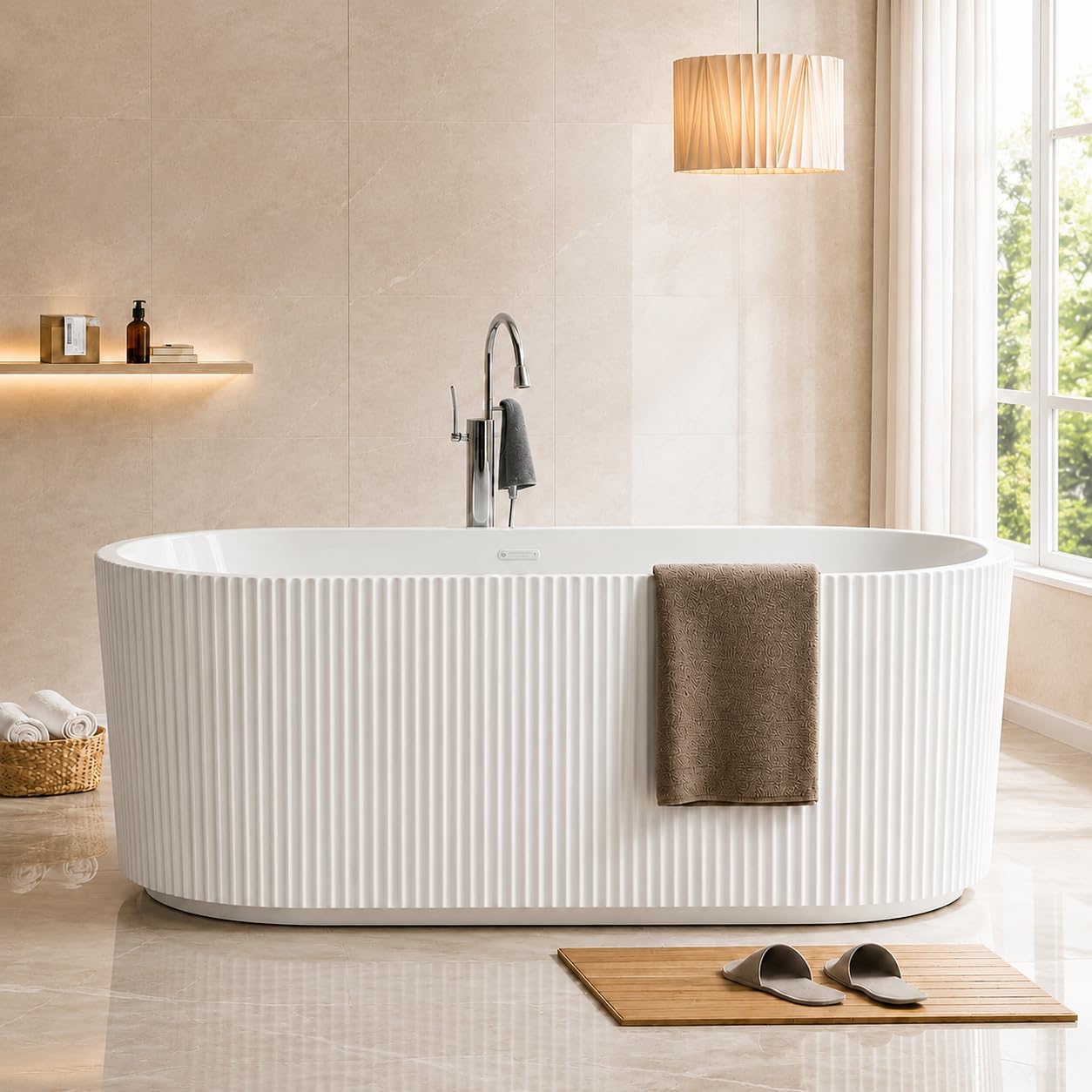 59" Acrylic Freestanding Bathtub, Deep Soaking Tub, Fluted Tub